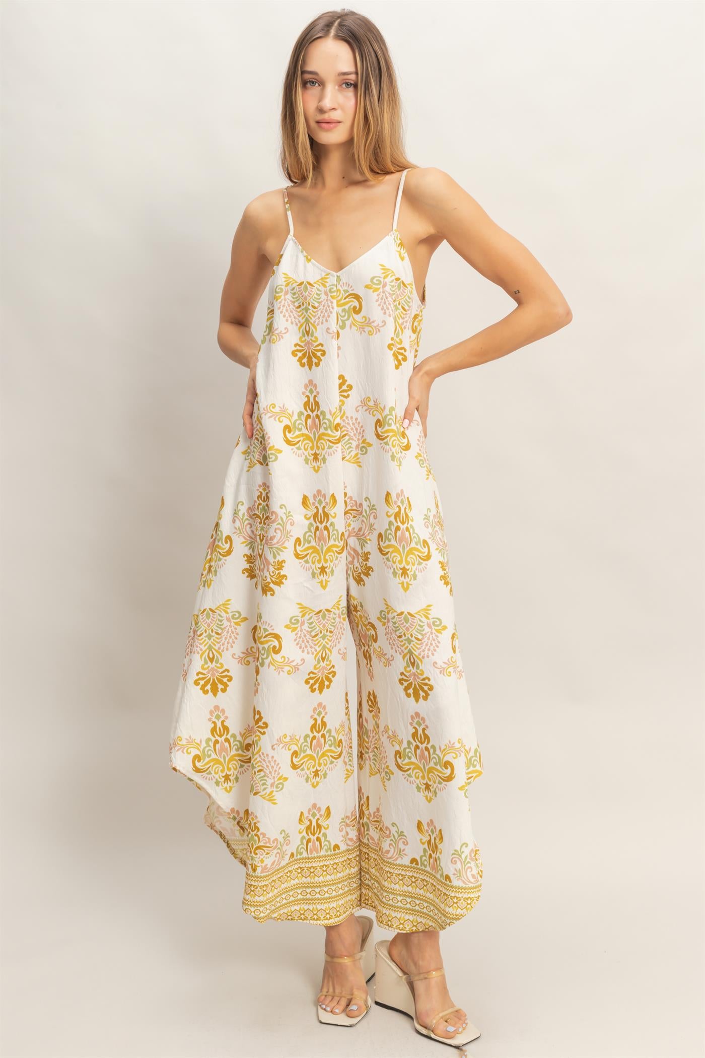 Wholesale Floral Print Spaghetti Jumpsuit Clothing HF26C357-D MUSTARD HYFVE