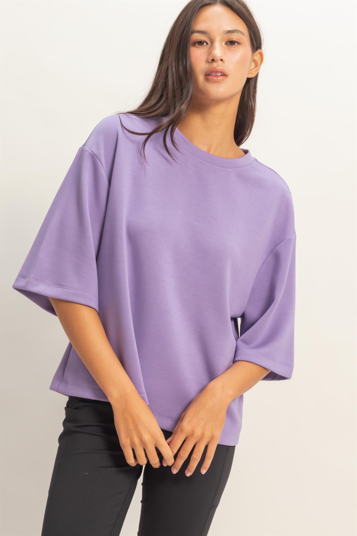 Wholesale Scuba Short Sleeve Boxy Top T-Shirts DZ26A271 DUSTY PURPLE DOUBLE ZERO