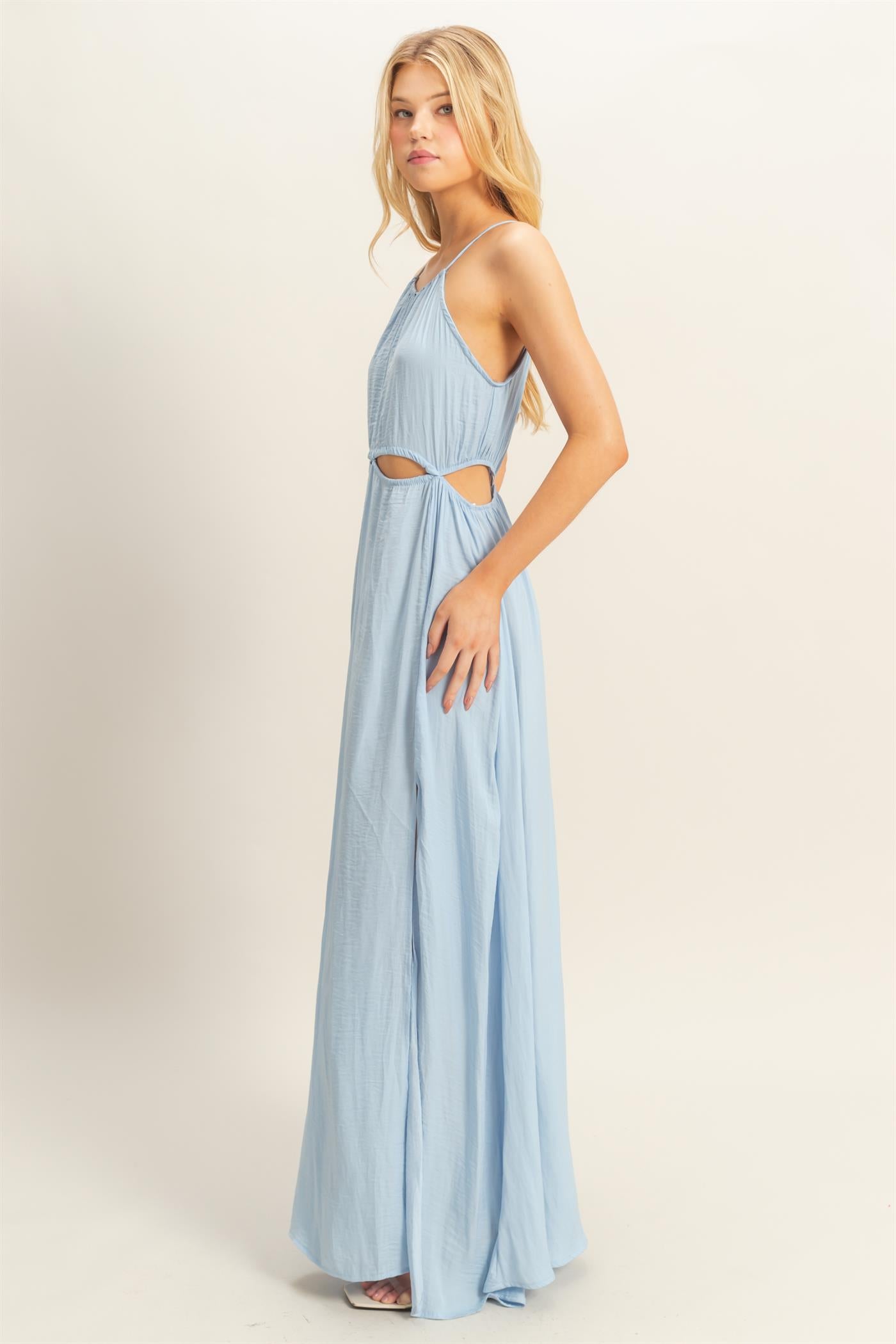 Wholesale Side Cutout Side Slit Maxi Dress Dresses HF25E129 L.BLUE HYFVE