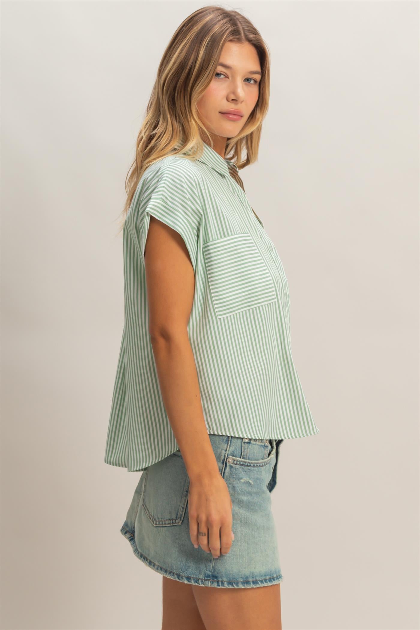 Wholesale Button-Up Striped Shirt Shirts HF26E429-D SAGE GREEN HYFVE