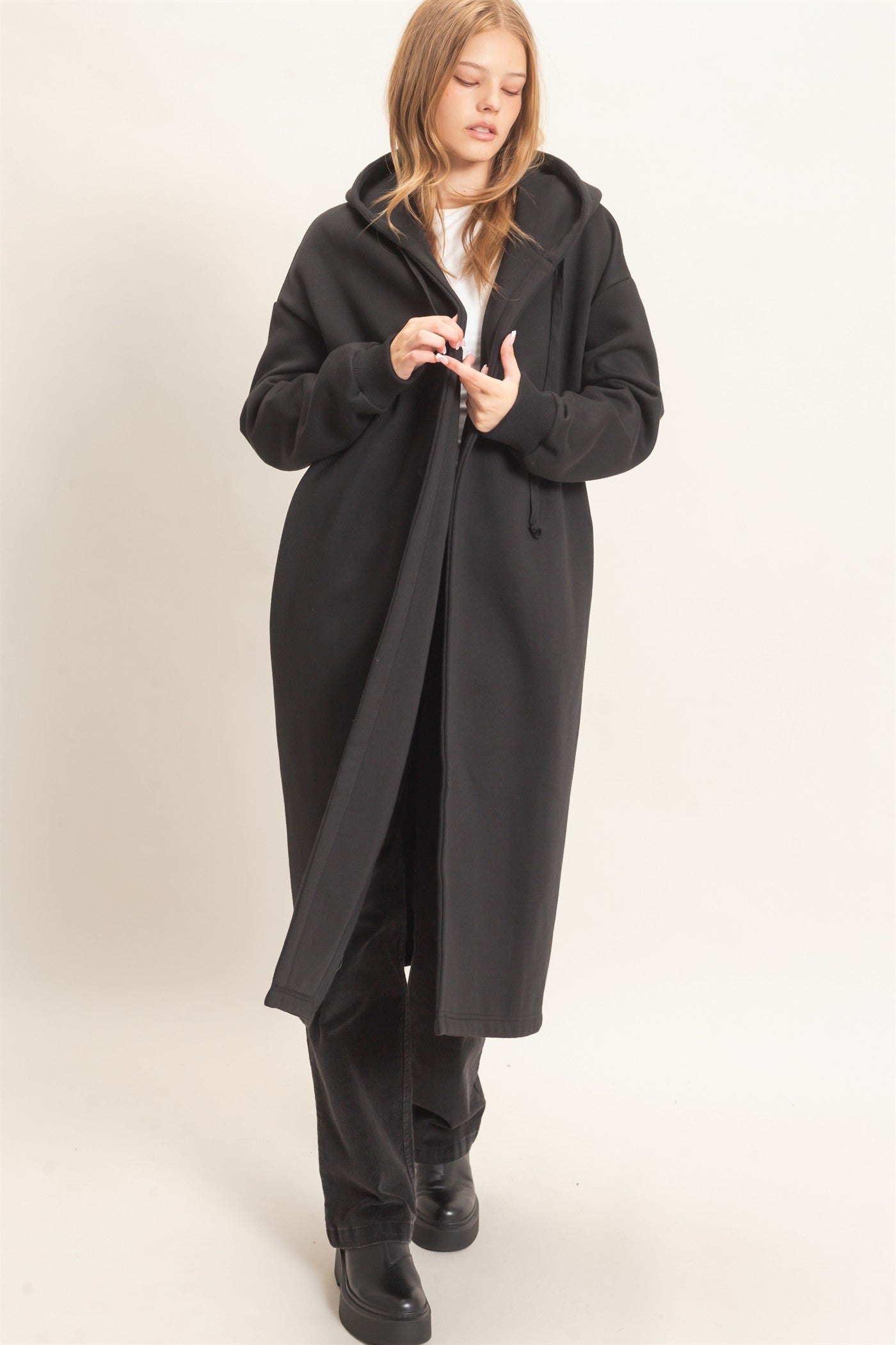 Wholesale Oversized Hooded Open Front Coat Coats & Jackets HF26F142-D BLACK HYFVE
