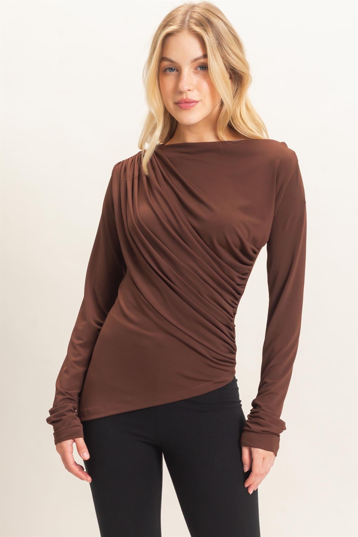 Wholesale Asymmetrical Ruched Long Sleeve Top Clothing Tops HF26C683 CHOCOLATE HYFVE