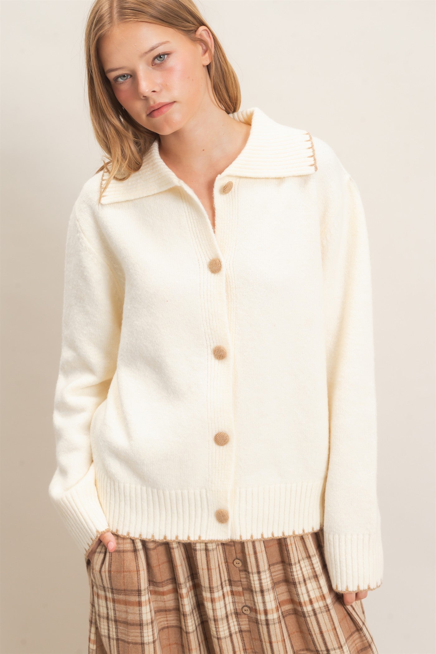 Wholesale Blanket Stitch Collared Cardigan Cardigans HF26F356 IVORY HYFVE