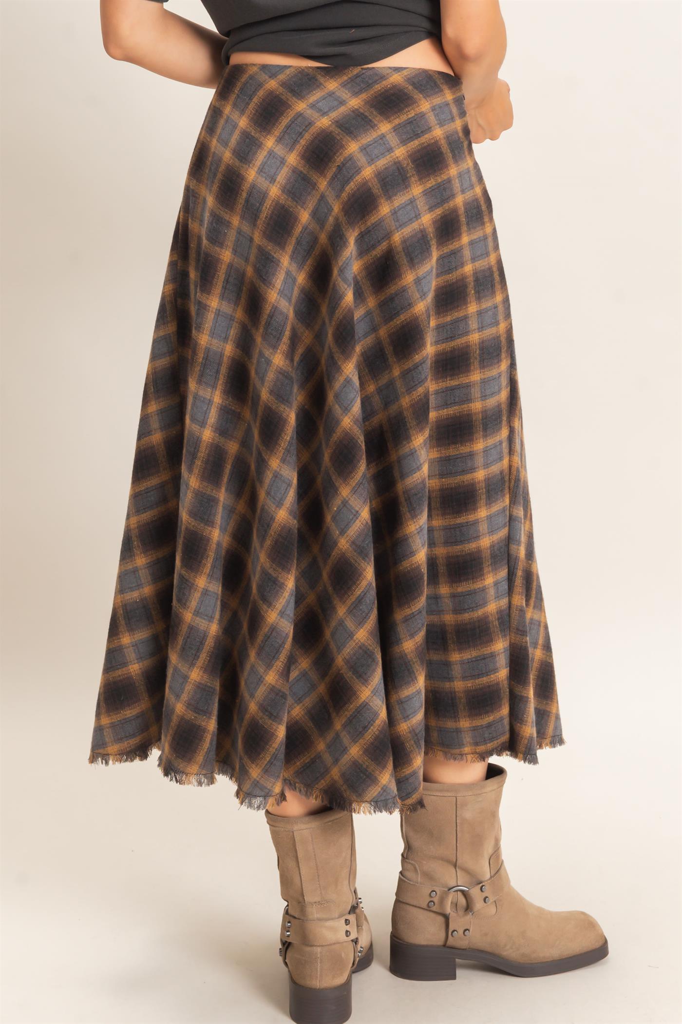 Wholesale A-Line Plaid Frayed Hem Skirt Skirts HF26E972 MUSTARD HYFVE