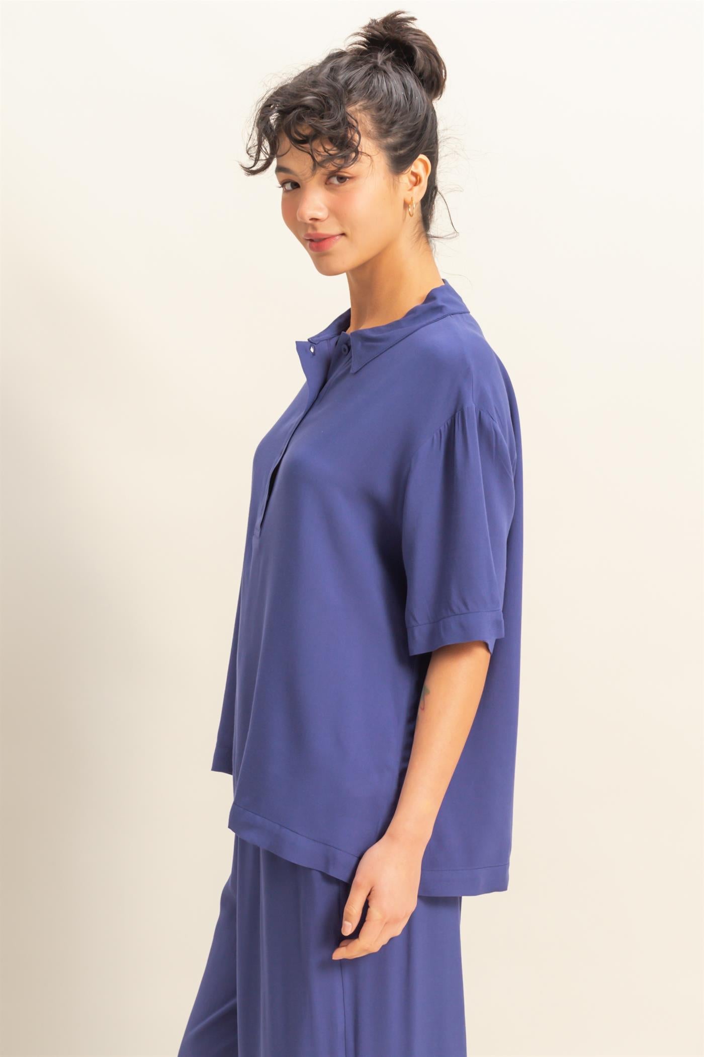 Wholesale Woven Half Button-Up Relaxed Top Clothing Tops DZ25C814 DUSTY INDIGO DOUBLE ZERO