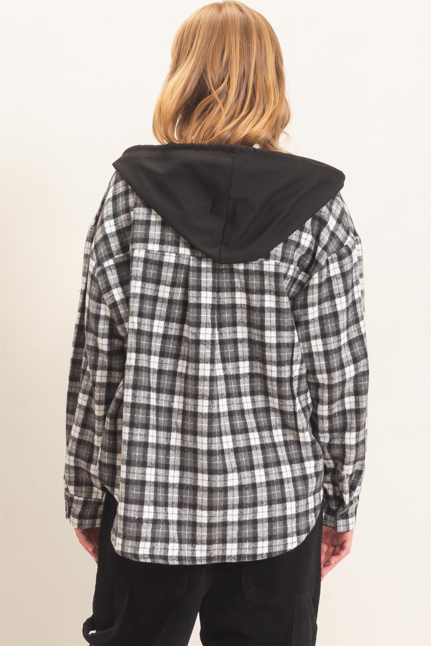 Wholesale Hooded Plaid Button-Up Shirt Shirts HF26F018 BLACK HYFVE