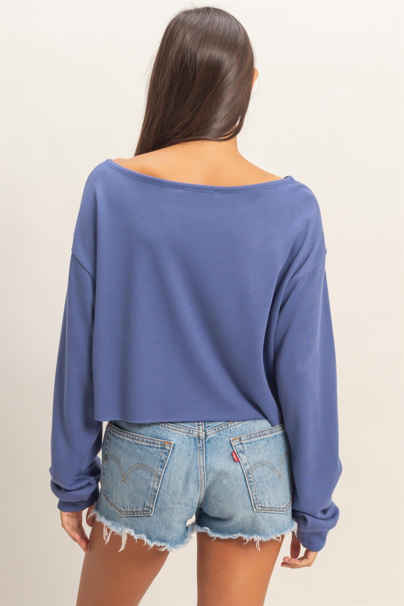 Wholesale Casually Cute Boat Neck Long Sleeve Top Clothing Tops DZ25C023 DUSTY INDIGO DOUBLE ZERO