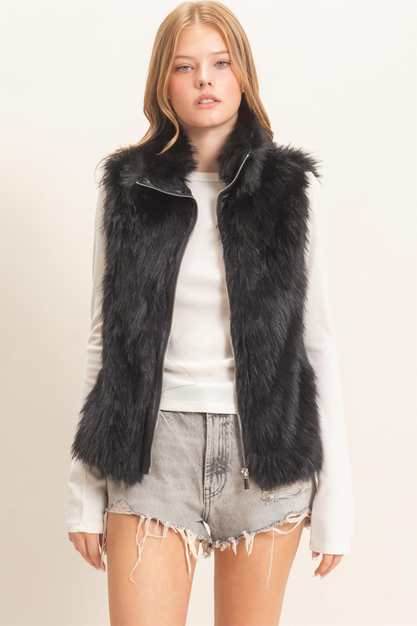 Wholesale Faux Fur Zip-Up Outerwear Vest Vests HF26E532 BLACK HYFVE