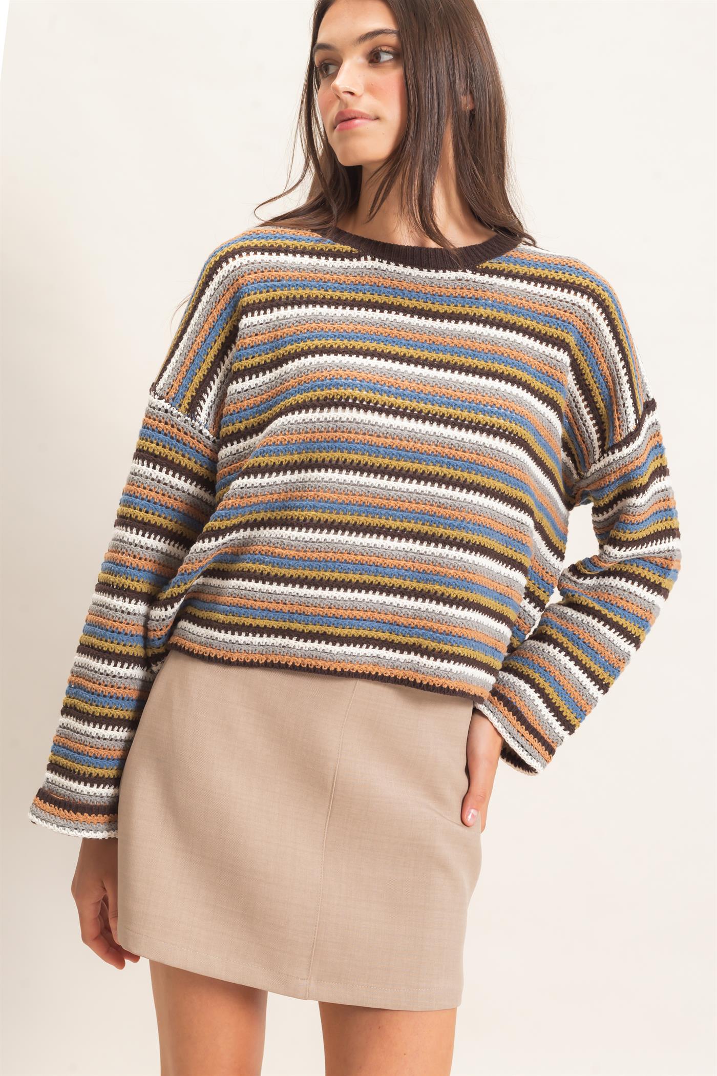 Wholesale Striped Boat Neck Sweater Sweaters HF26E681 BROWN COMBO HYFVE