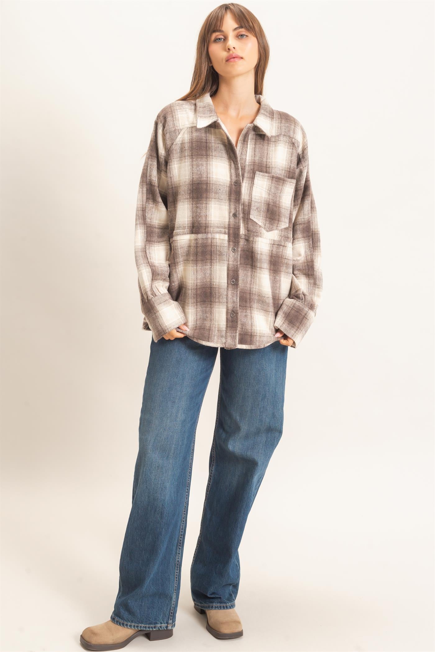Wholesale Plaid Flannel Shirt Clothing Tops HF26C863 BROWN HYFVE