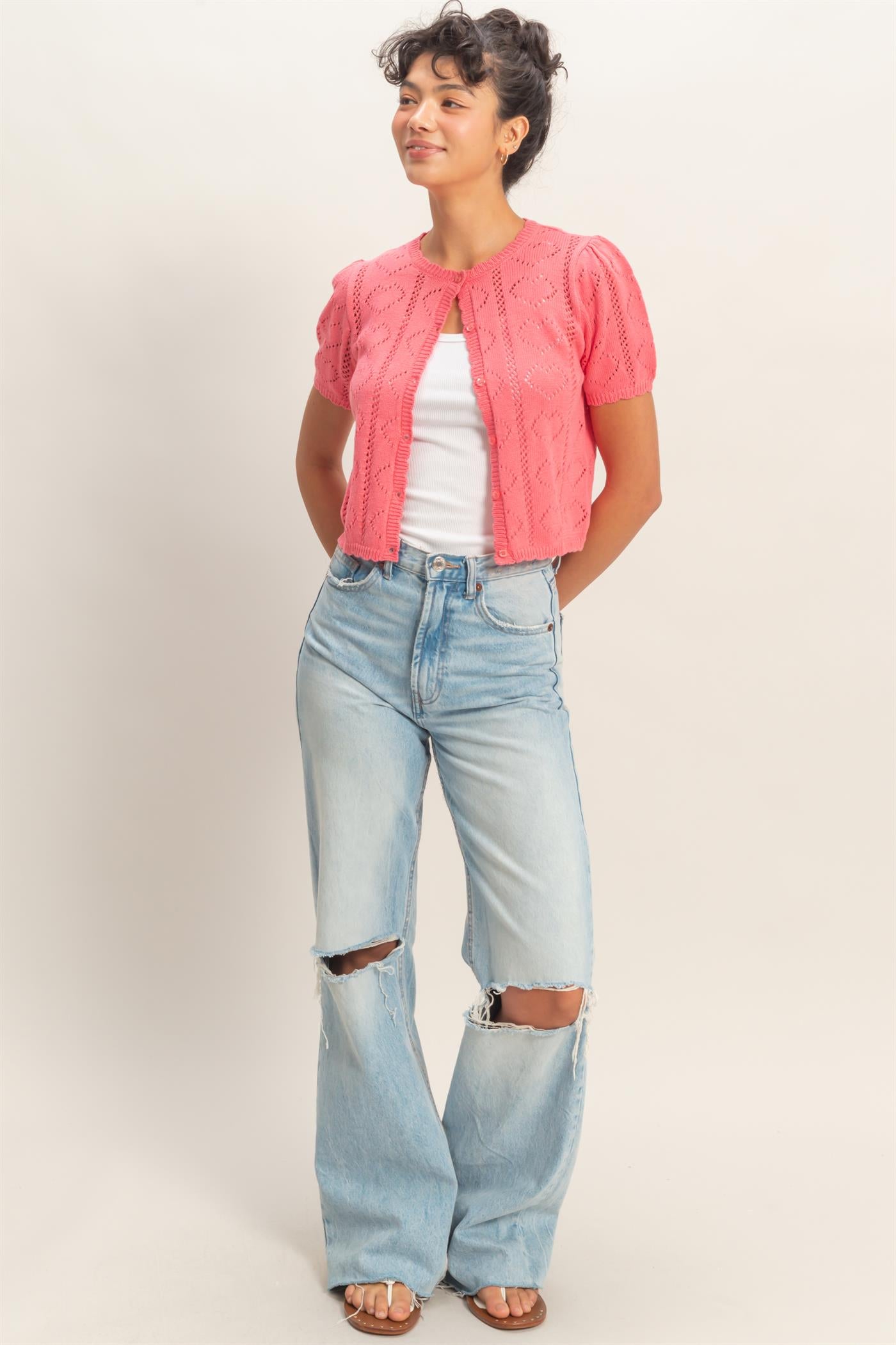 Wholesale Pointelle Knit Puff Sleeve Button Up Cardigan Cardigans DZ26A425 TAFFY PINK HYFVE