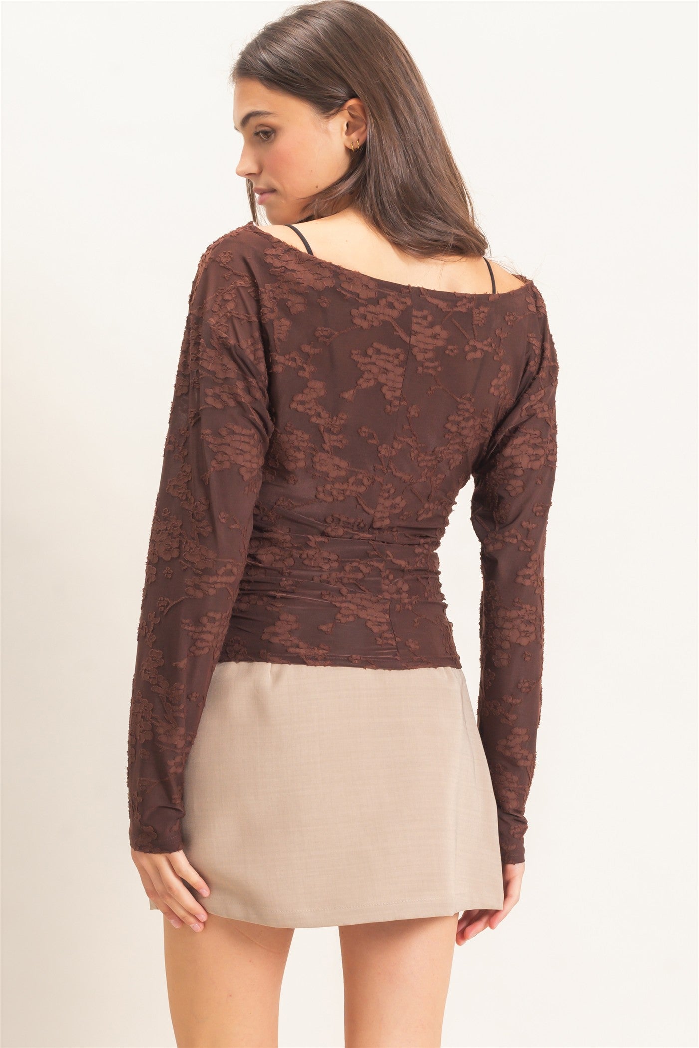 Wholesale Sheer Lace Boat Neck Top Blouses HF26E761 BROWN HYFVE