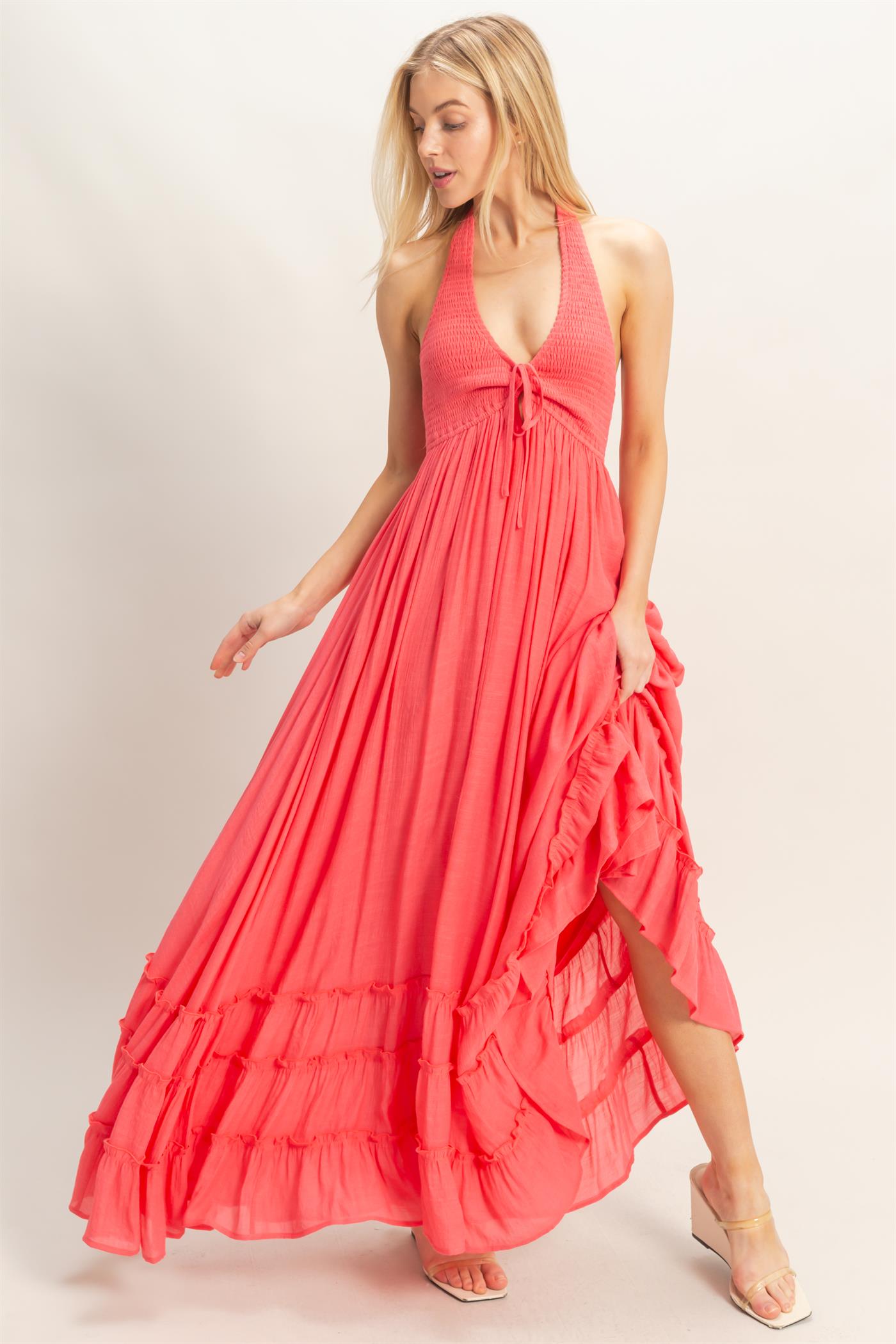 Wholesale Halter Neck Smocked Maxi Dress Dresses HF26C287-D CORAL RED HYFVE