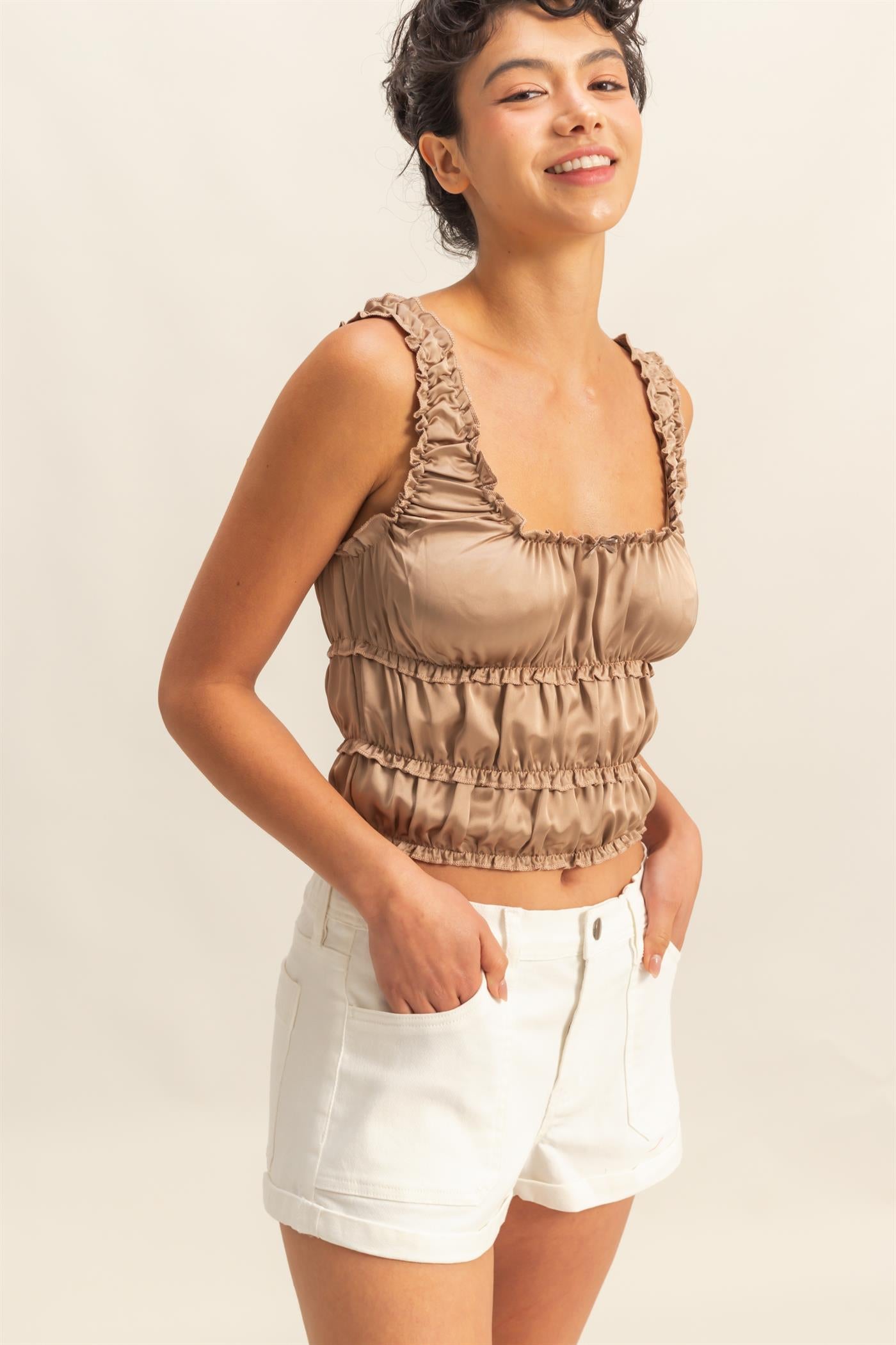 Wholesale Ruched Satin Sleeveless Crop Top Clothing Tops DZ25C172 DARK TAUPE DOUBLE ZERO