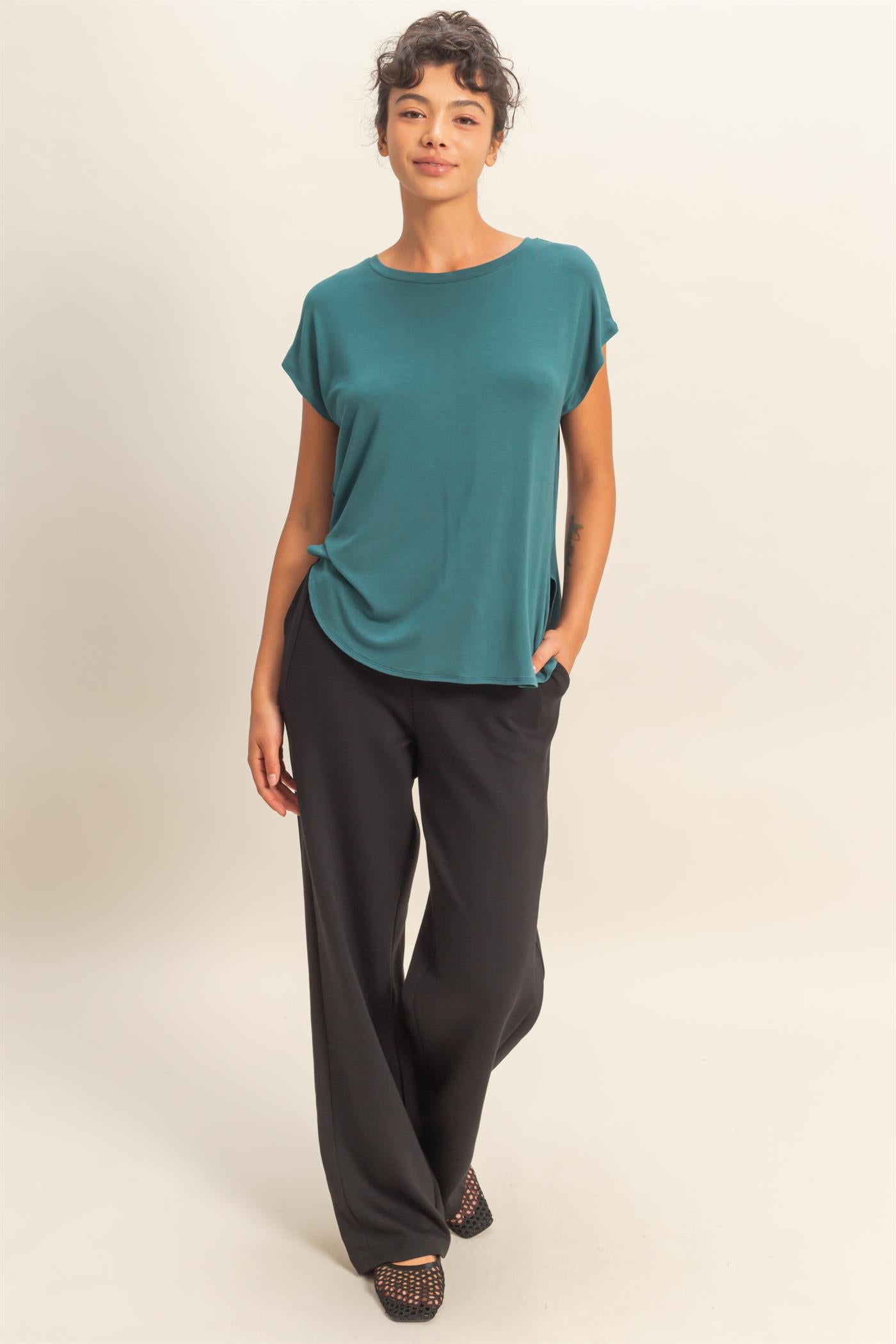 Wholesale Relaxed Dolman Short Sleeve  Round Neck Top Shirts DZ26A270 DARK TEAL DOUBLE ZERO