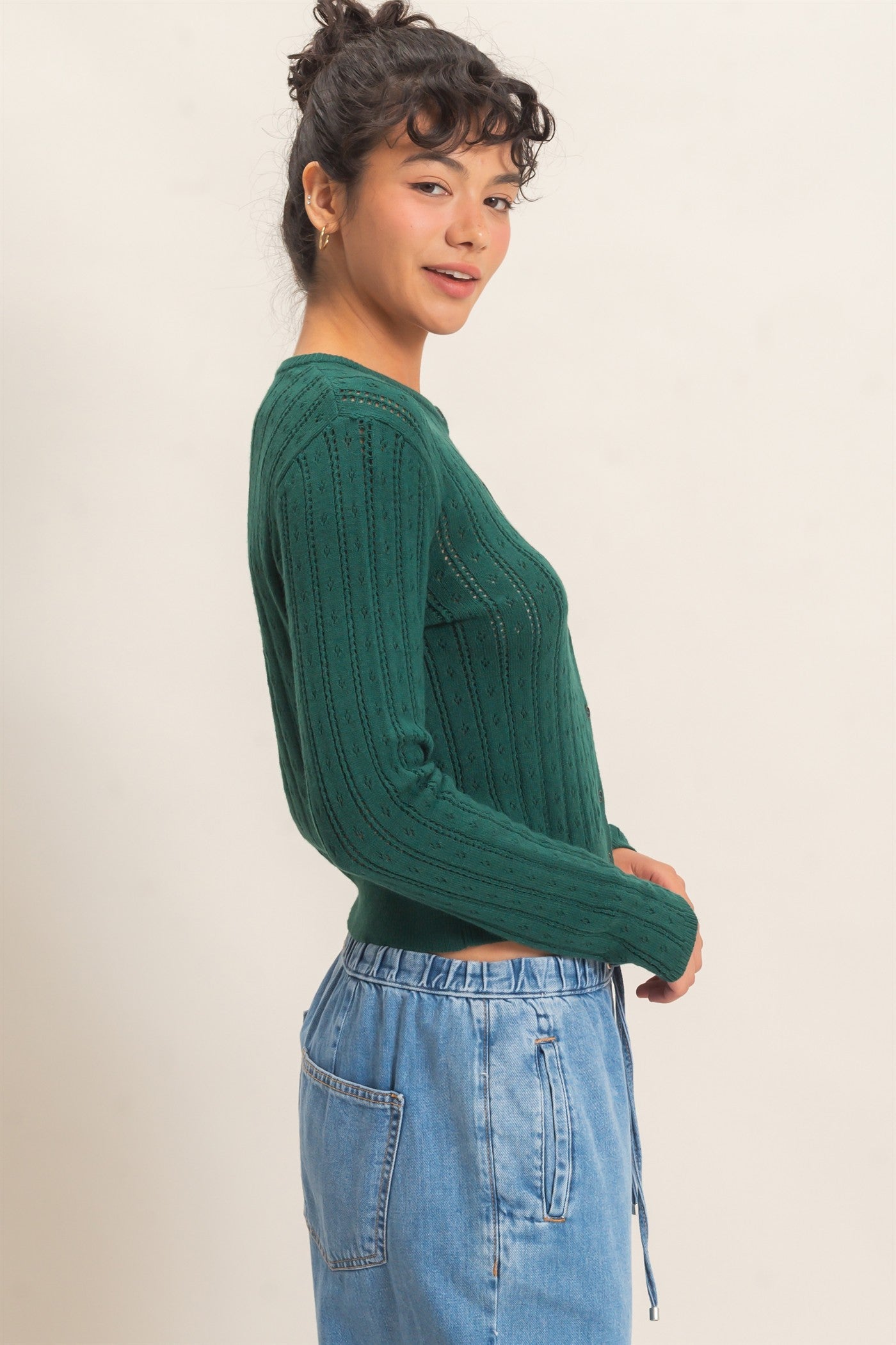 Wholesale Pointelle Button-Down Cardigan Cardigans DZ26E302 DARK GREEN DOUBLE ZERO