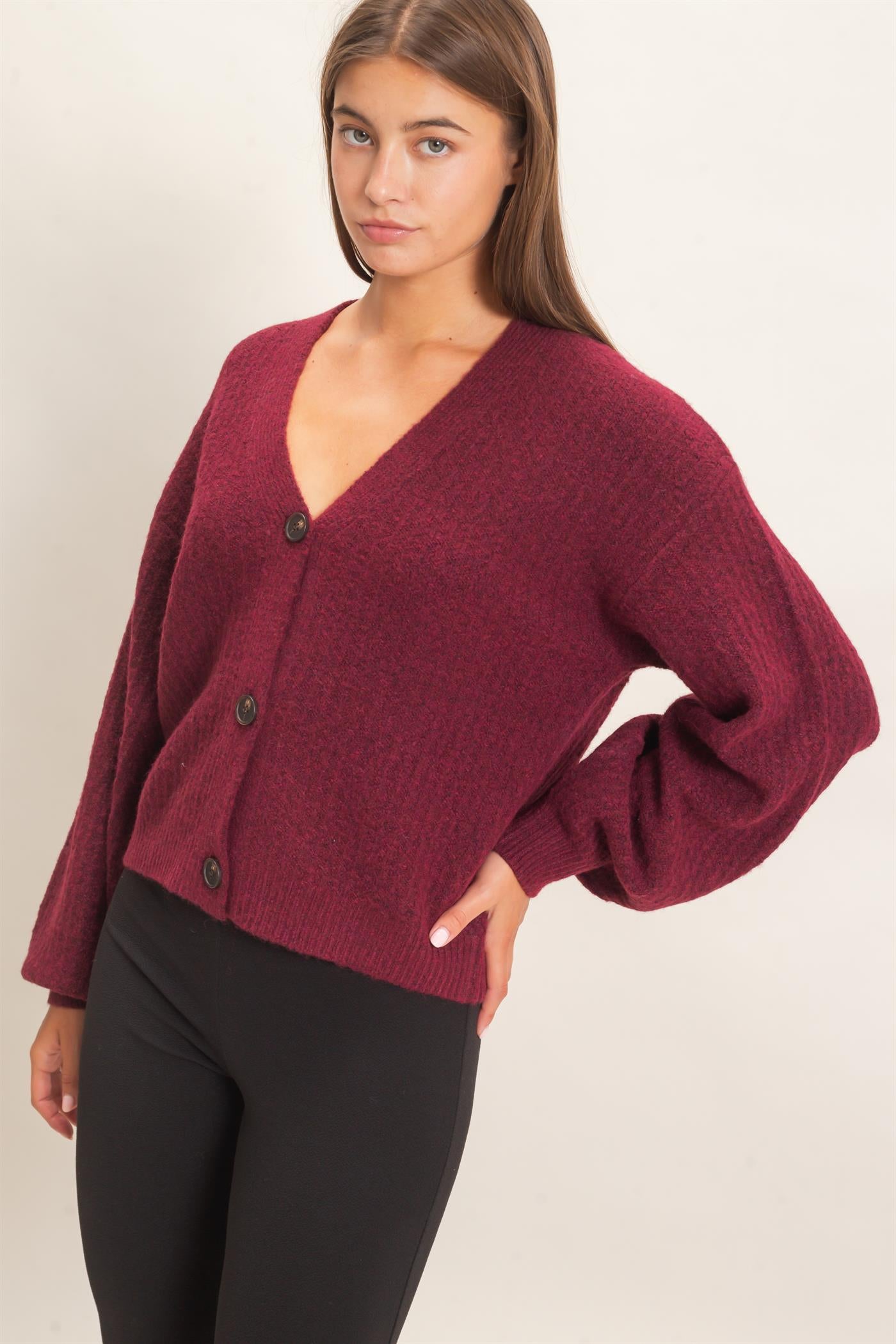 Wholesale Textured V-Neck Cardigan Cardigans DZ26E080 DARK CHERRY DOUBLE ZERO