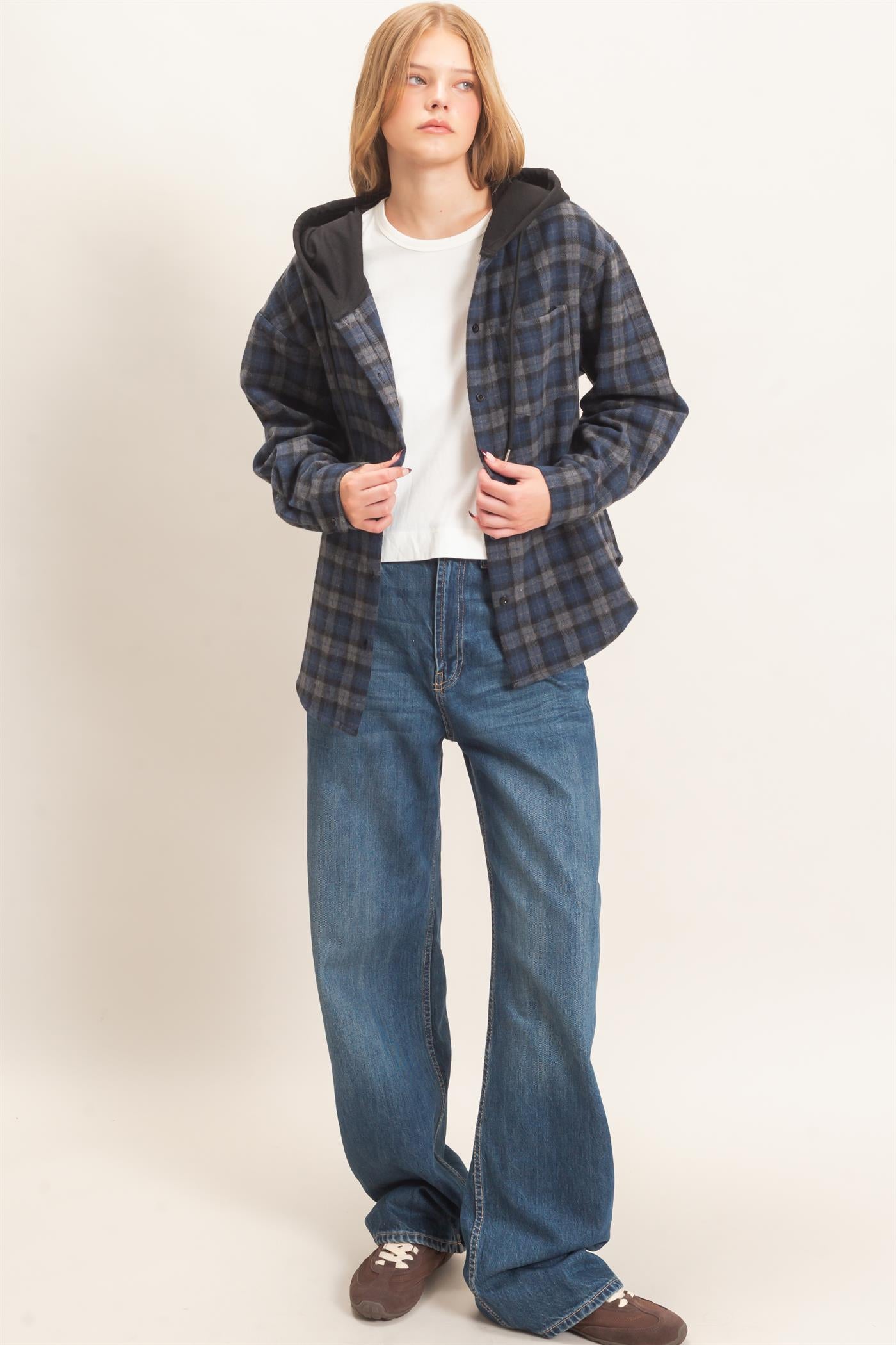Wholesale Hooded Plaid Button-Up Shirt Shirts HF26F018 NAVY HYFVE