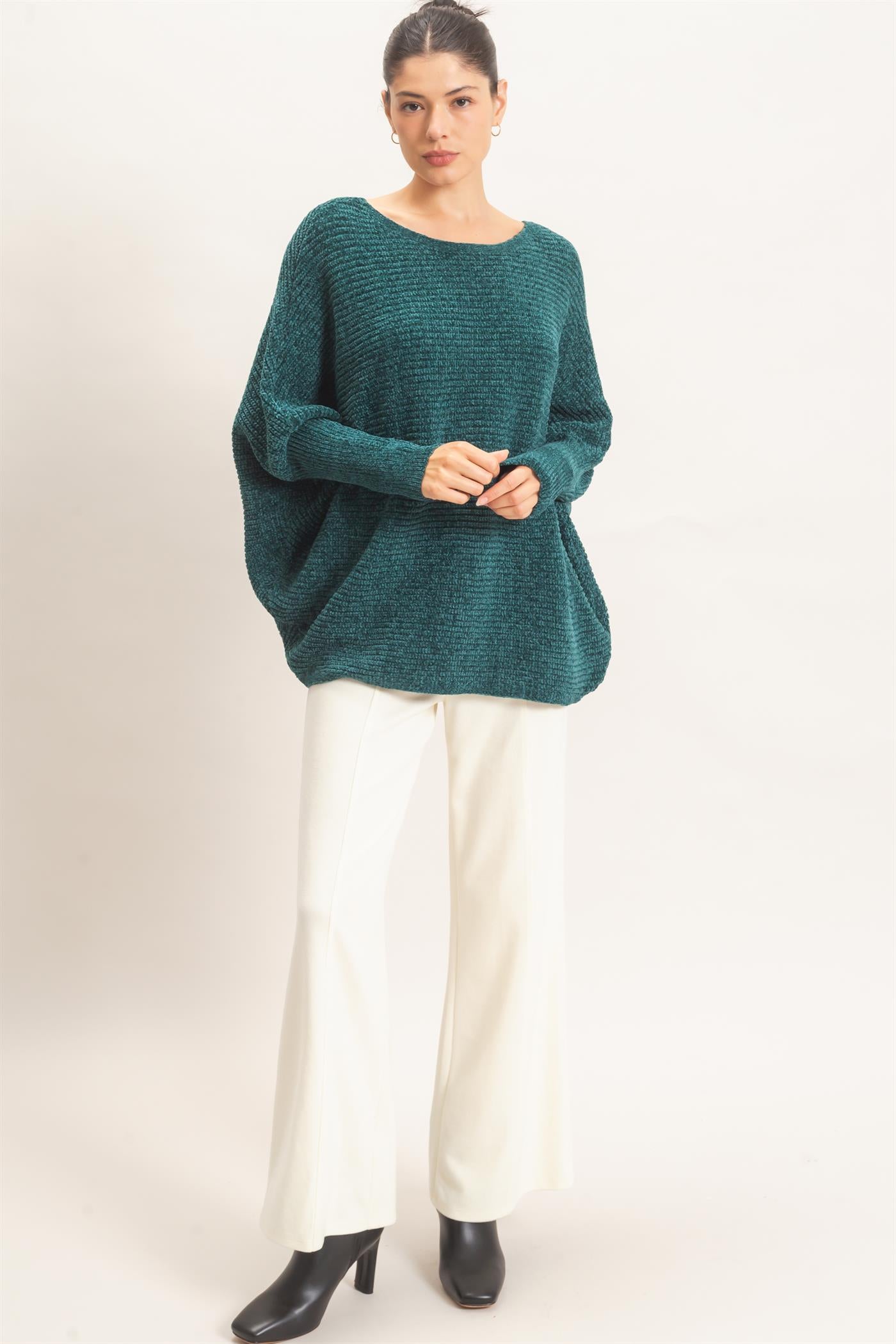 Wholesale Chenille Boat Neck Dolman Sleeve Sweater Sweaters HF26F185 D.GREEN HYFVE