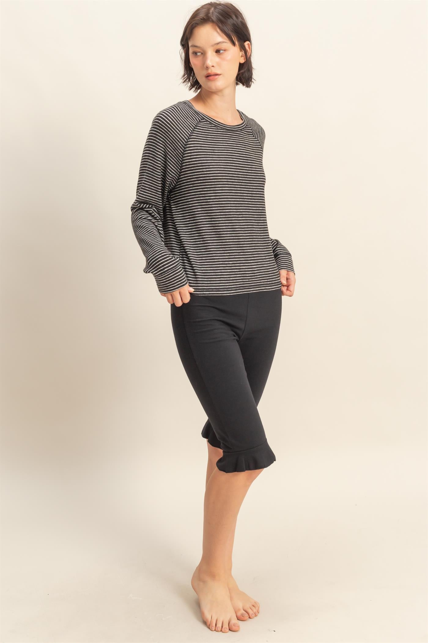 Wholesale Striped Raglan Long Sleeve Top Clothing Tops DZ25E600 BLACK/CREAM DOUBLE ZERO