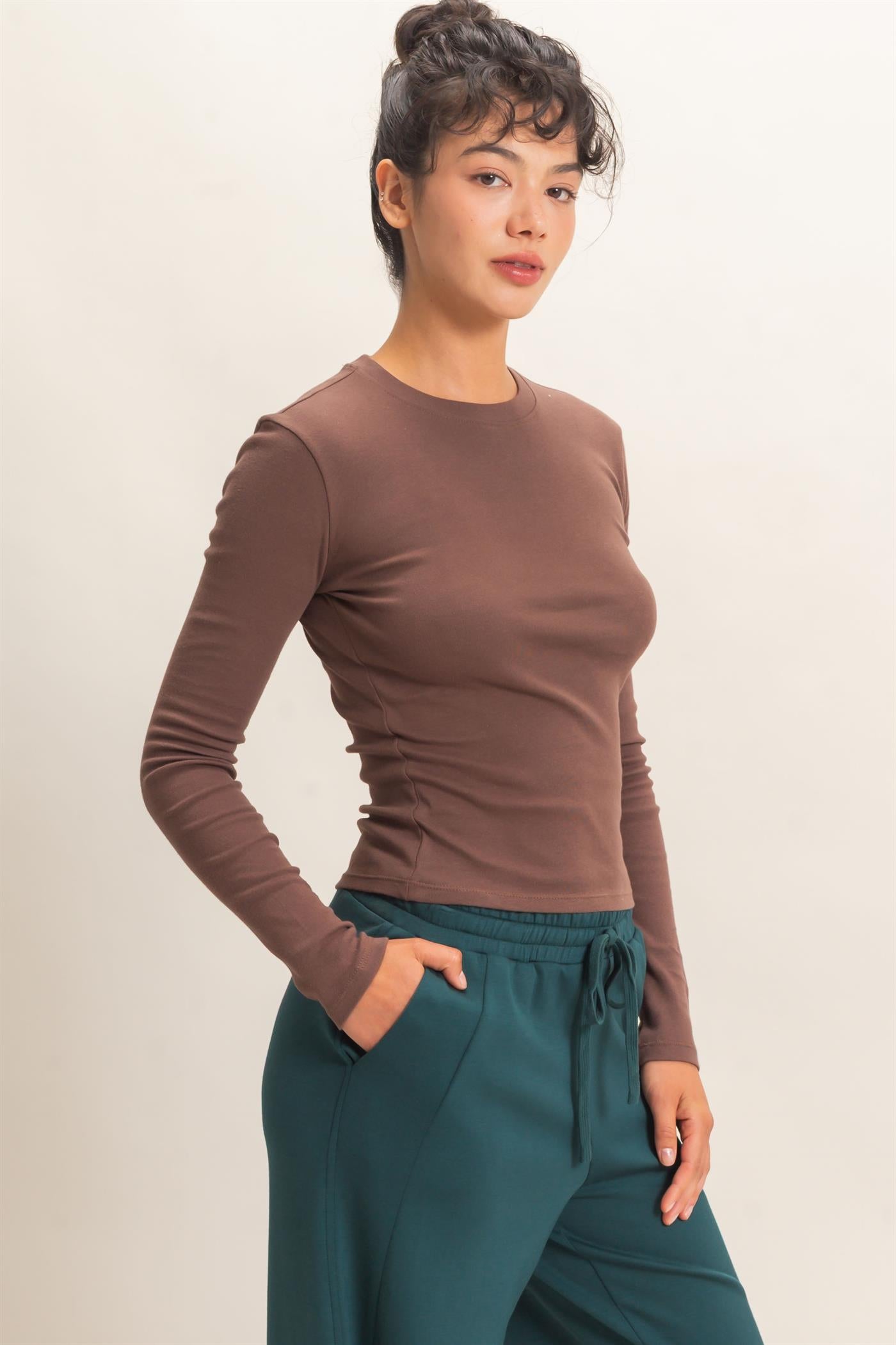 Wholesale Crew Neck Long Sleeve Top Clothing Tops DZ26E184 DARK BROWN DOUBLE ZERO