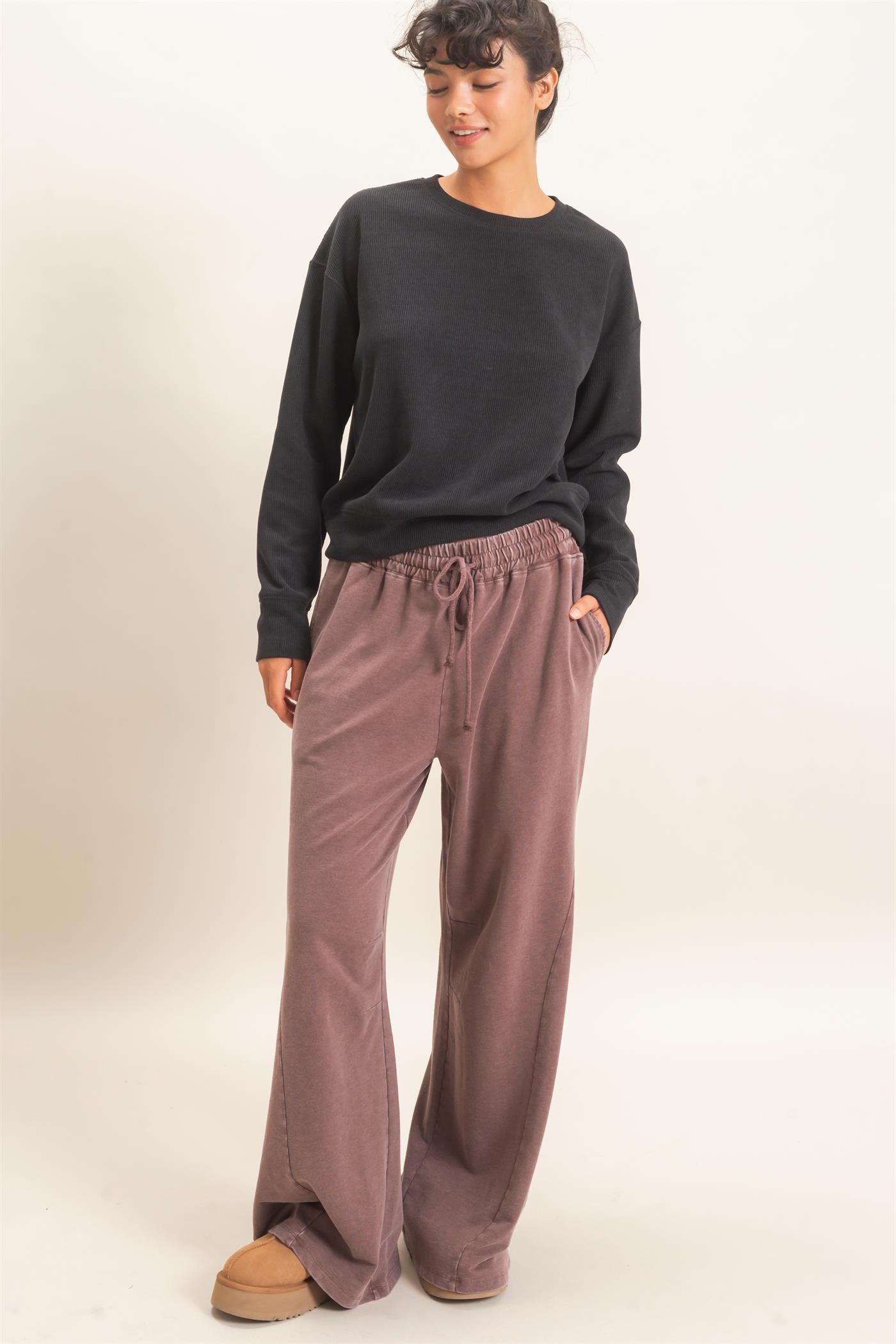 Wholesale Mineral Washed Wide Leg Pants Pants DZ26F082 DARK BROWN DOUBLE ZERO