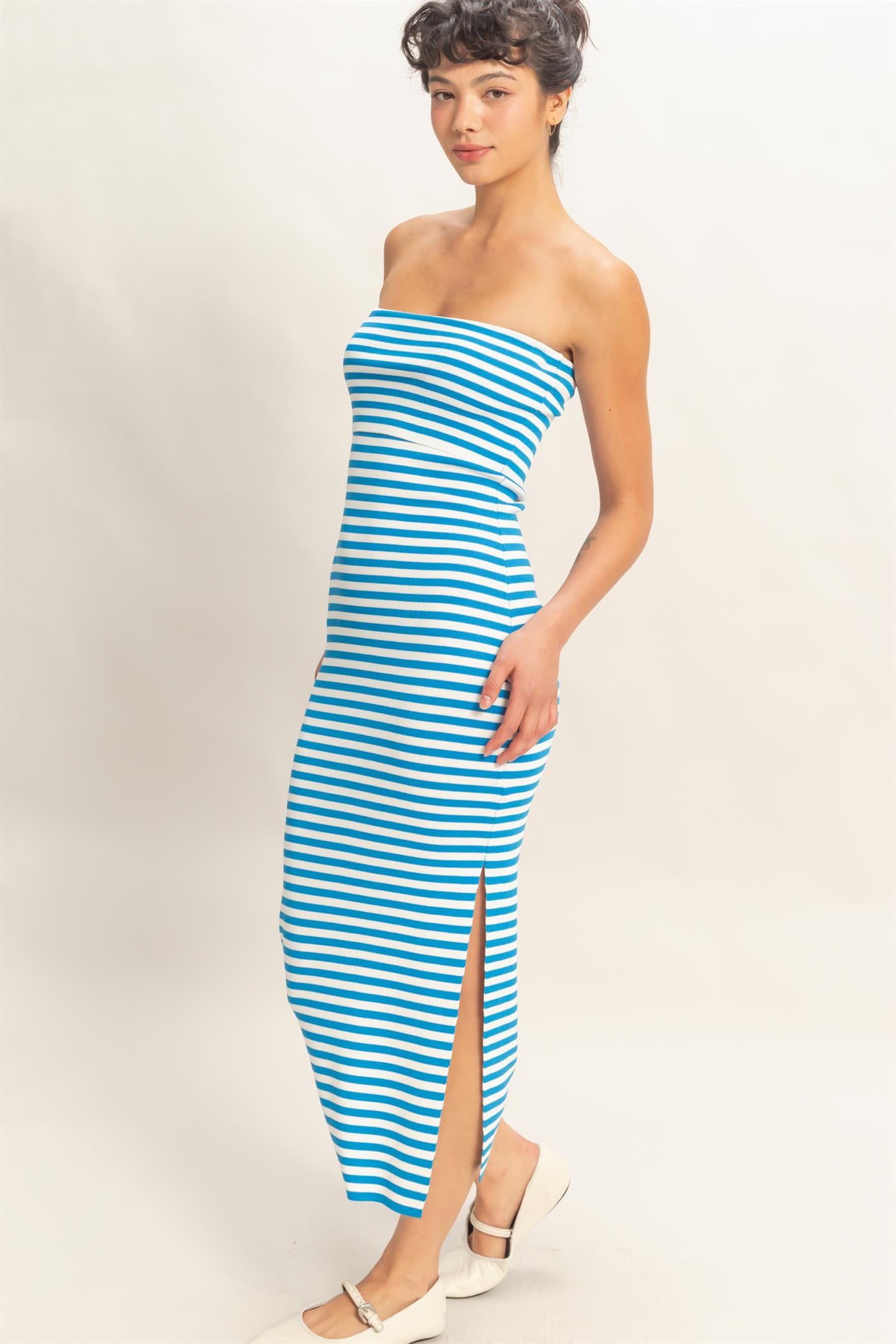 Wholesale Strapless Striped Bodycon Midi Dress Dresses DZ26C336 BLUE DOUBLE ZERO