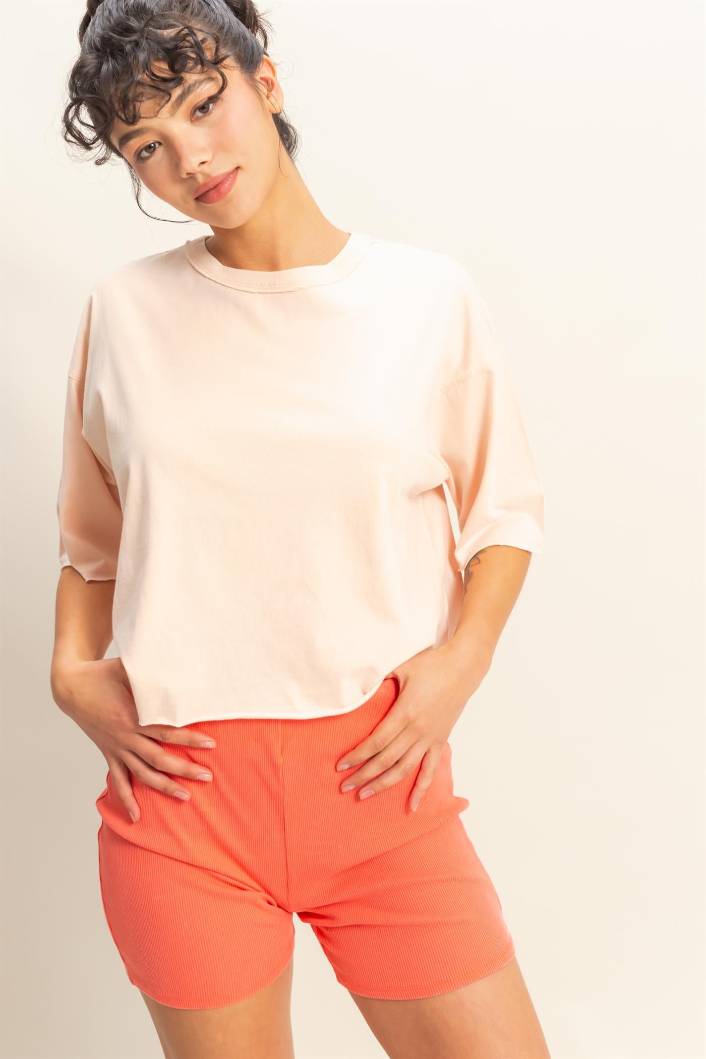 Wholesale Drop Shoulder Crew Neck Wide Fit Tee Clothing Tops DZ25A757 DUSTY PINK DOUBLE ZERO