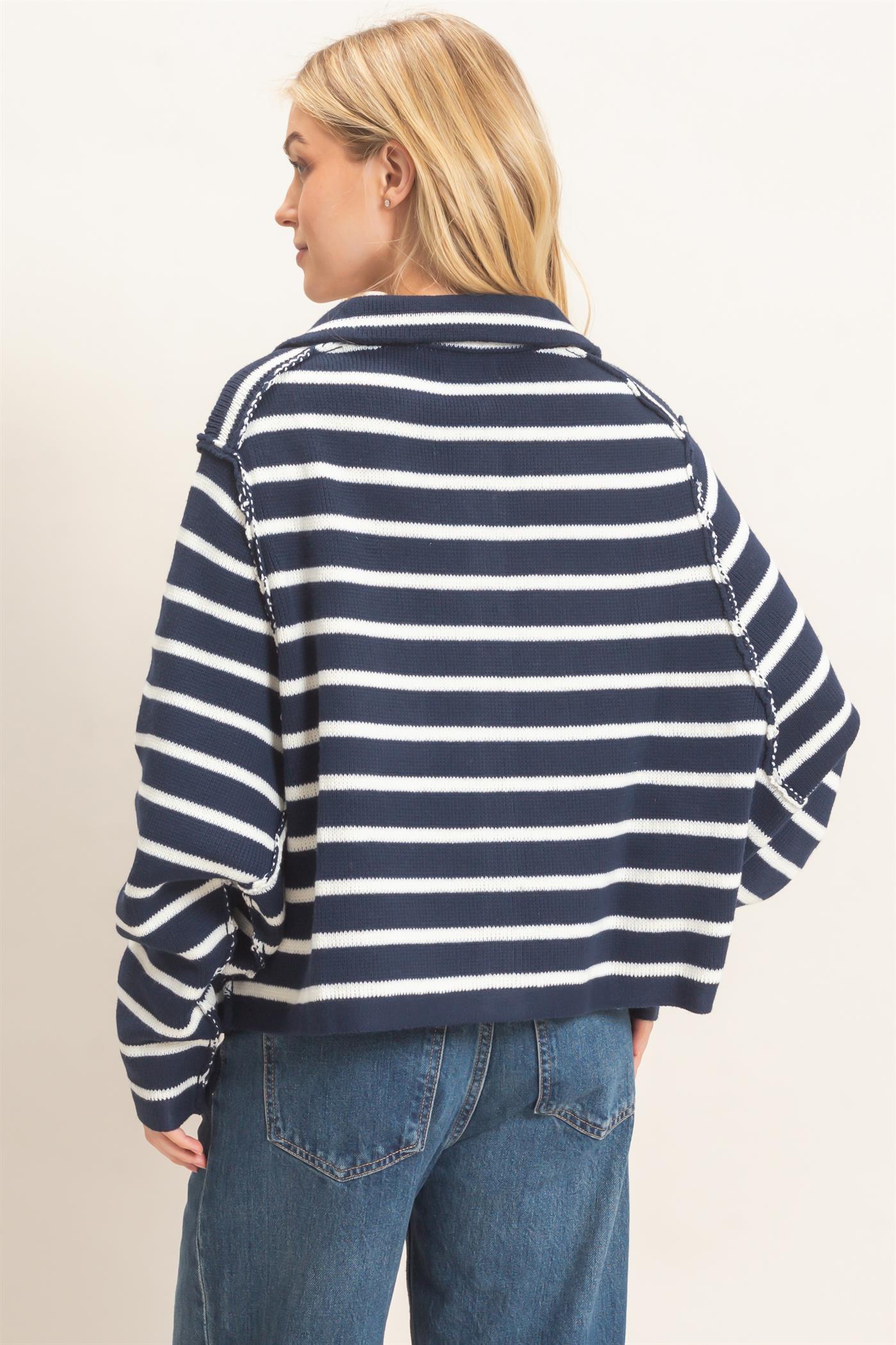 Wholesale Striped Button Front Cardigan Sweaters HF26F197 NAVY HYFVE