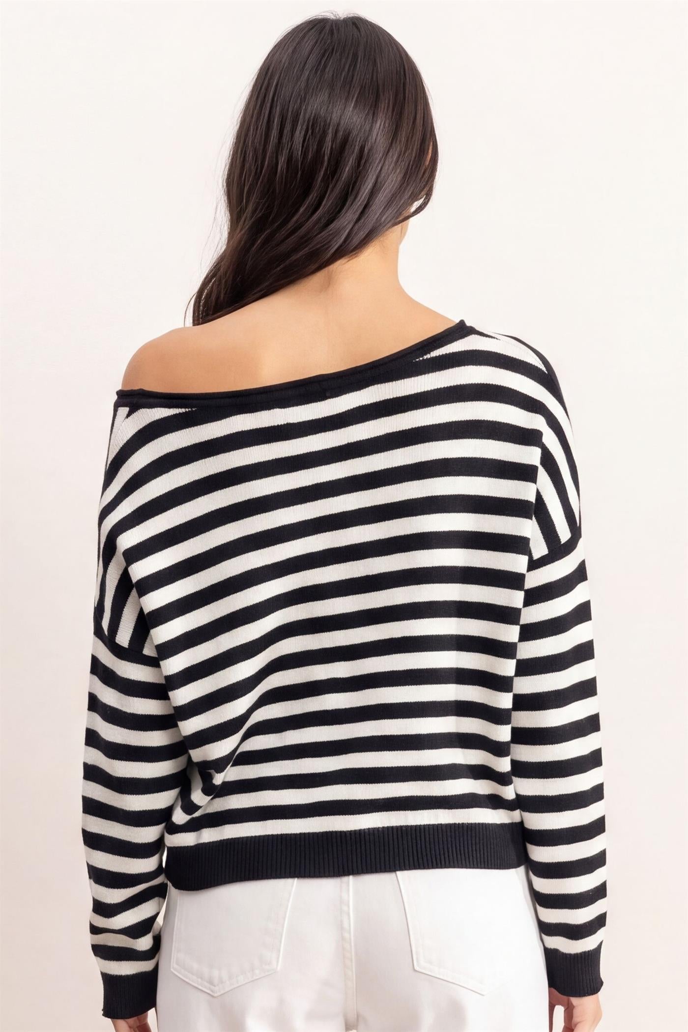 Wholesale Off The Shoulder Striped Sweater Sweaters DZ26E653 BLACK DOUBLE ZERO