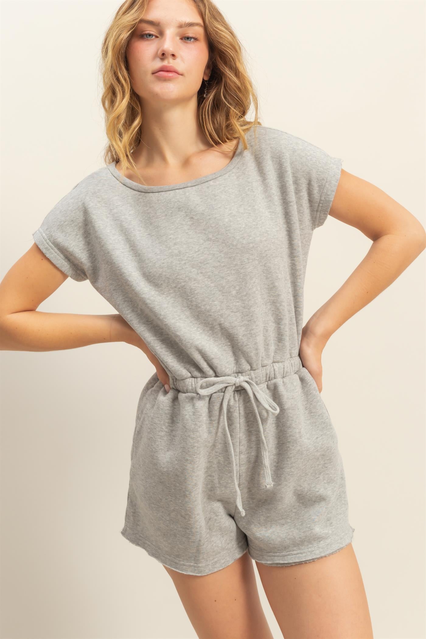 Wholesale Cap Sleeve Drawstring Waist Romper Clothing DZ25A782 HEATHER GRAY DOUBLE ZERO