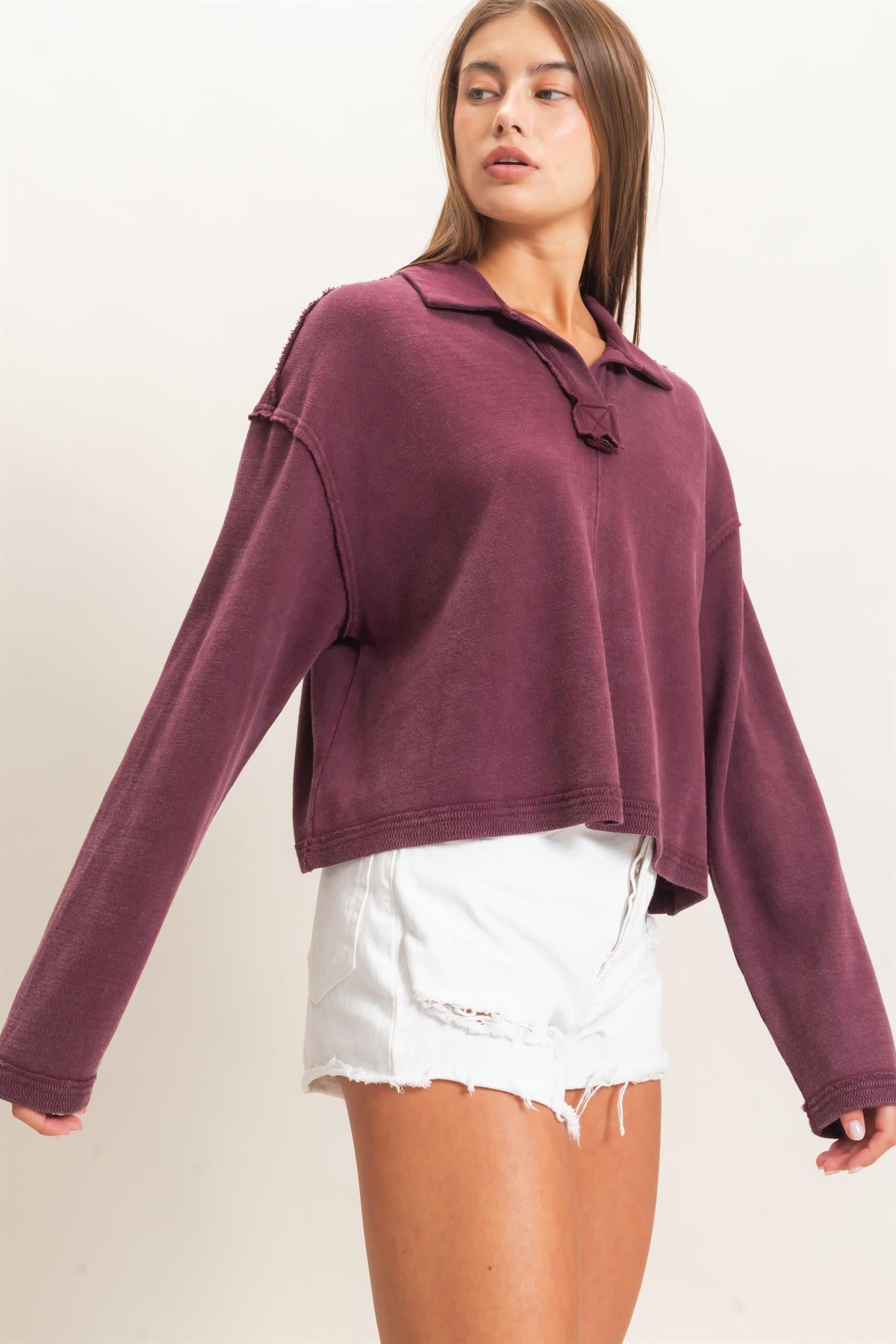Wholesale Mineral Wash Textured Collar Top Polos DZ26E814 DARK CHERRY DOUBLE ZERO