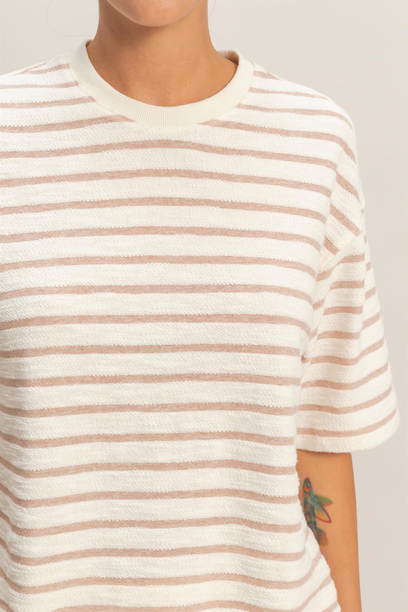 Wholesale Striped Short Sleeve Terry Crew Neck Top Clothing Tops DZ26A887 TAUPE DOUBLE ZERO