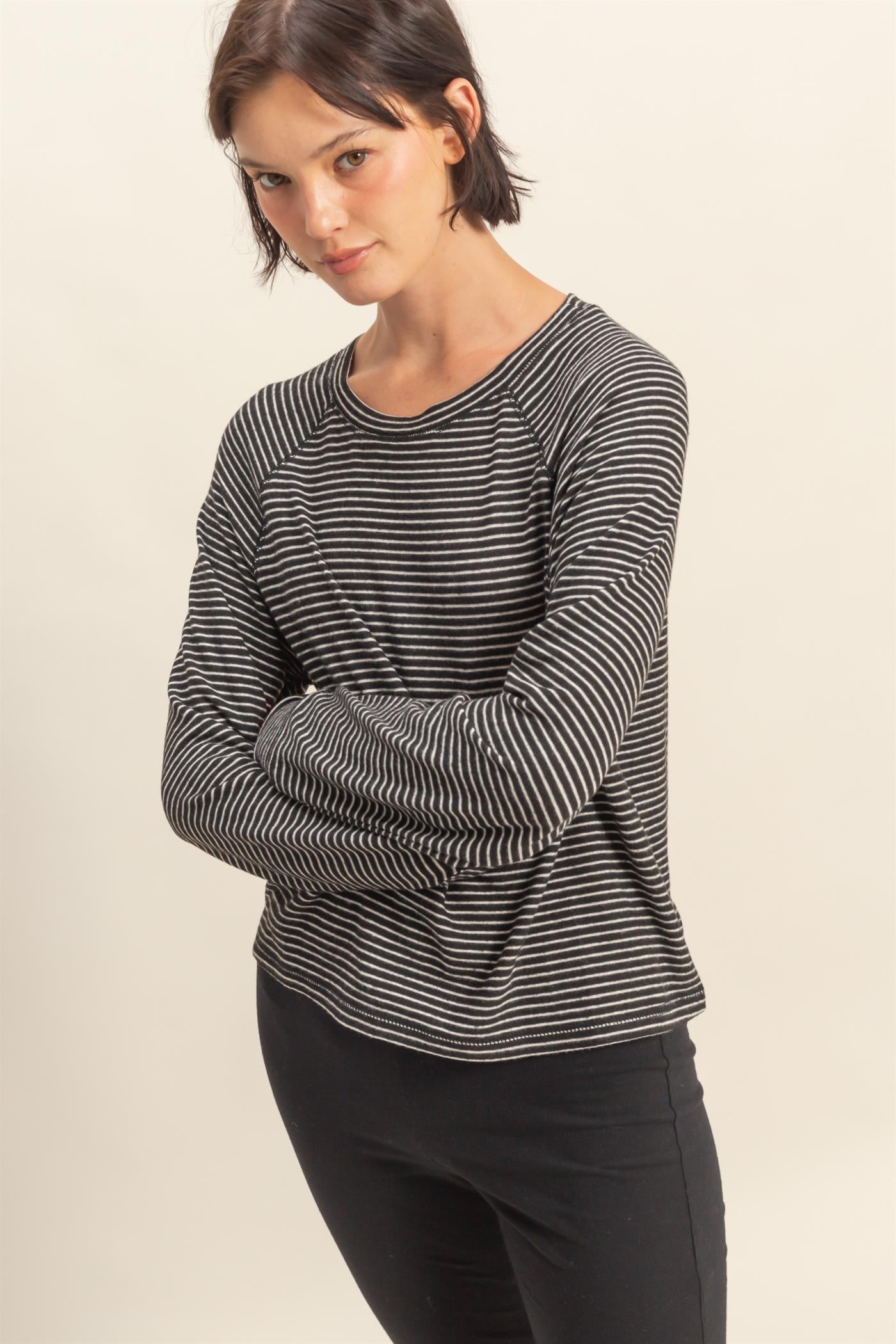 Wholesale Striped Raglan Long Sleeve Top Clothing Tops DZ25E600 BLACK/CREAM DOUBLE ZERO