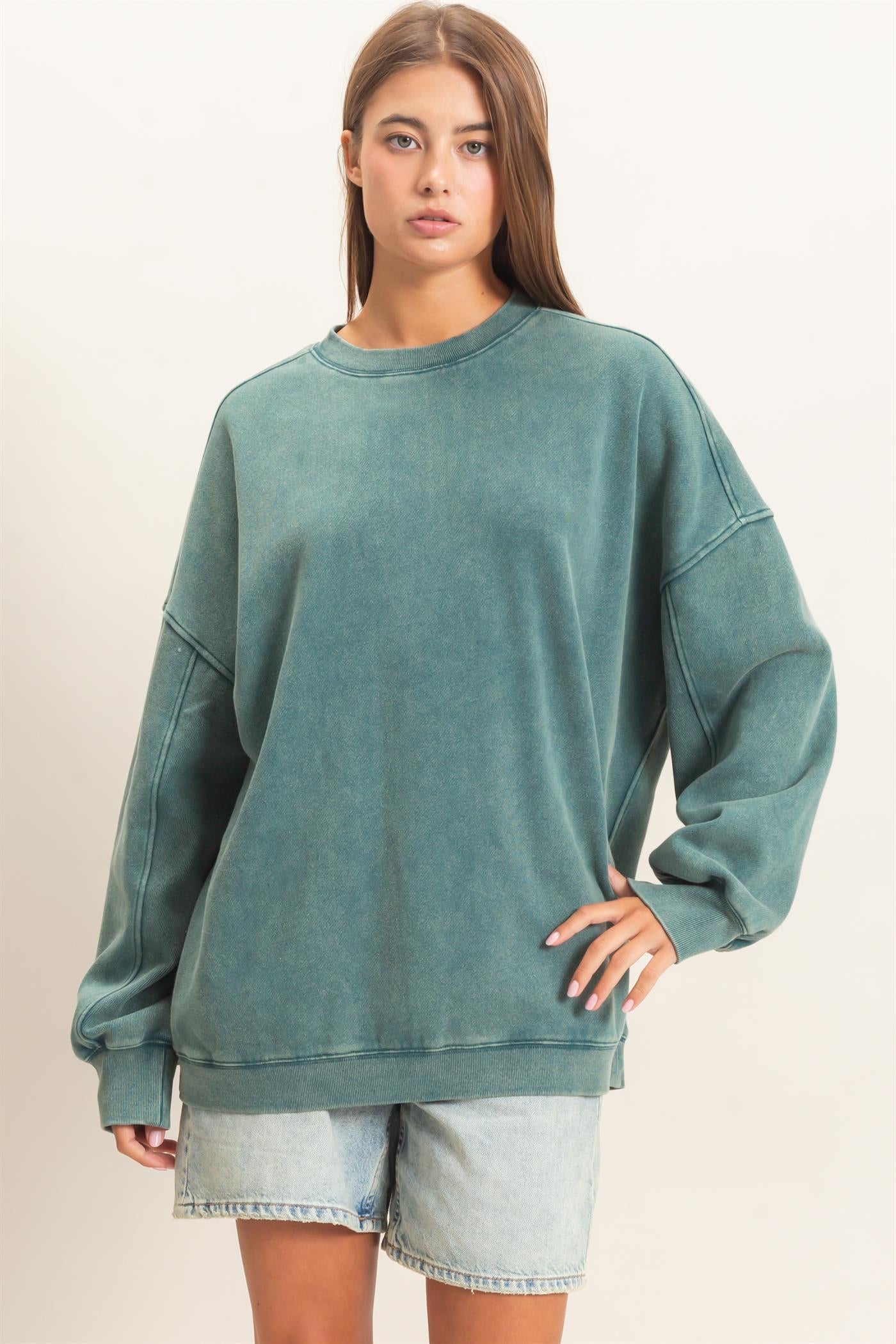 Wholesale Acid Wash Crew Neck Long Sleeve Sweatshirt Sweatshirts DZ26E268 DARK TEAL DOUBLE ZERO