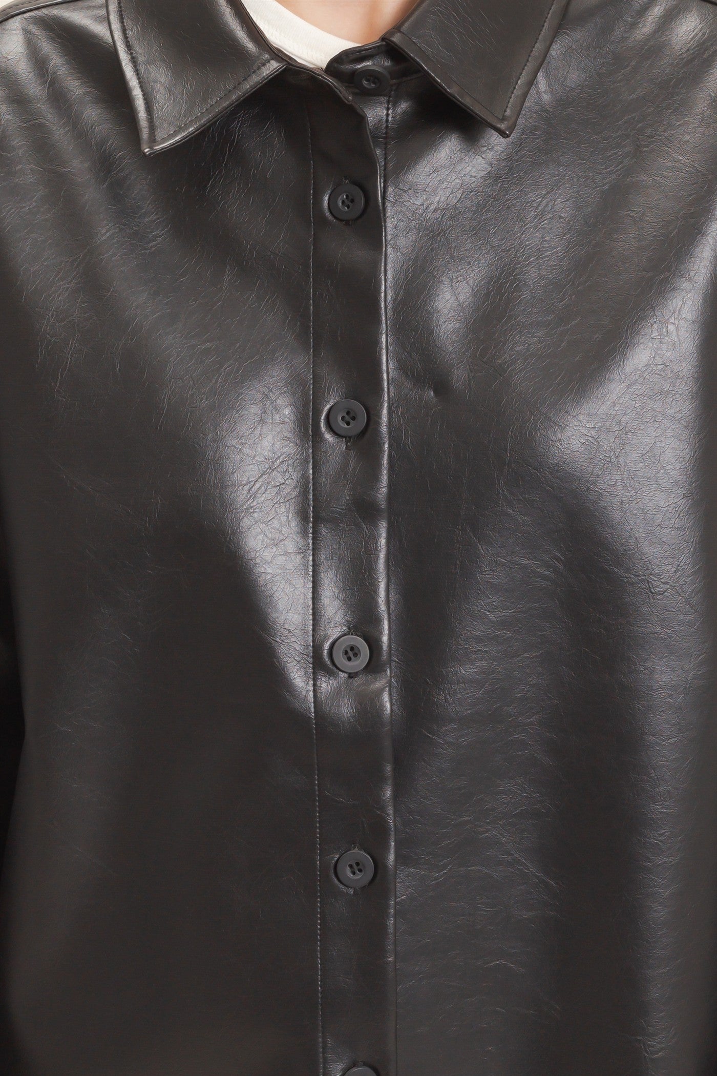 Wholesale Faux Leather Button-Down Shirt Clothing Tops HF26E236 BLACK HYFVE