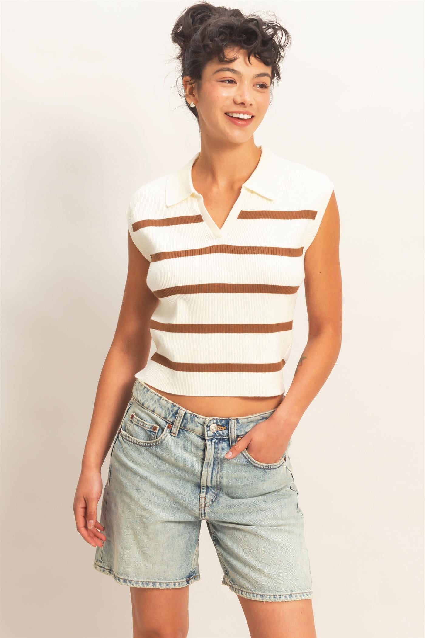 Wholesale Collared Striped Polo Vest Clothing Tops DZ26A337 BROWN DOUBLE ZERO
