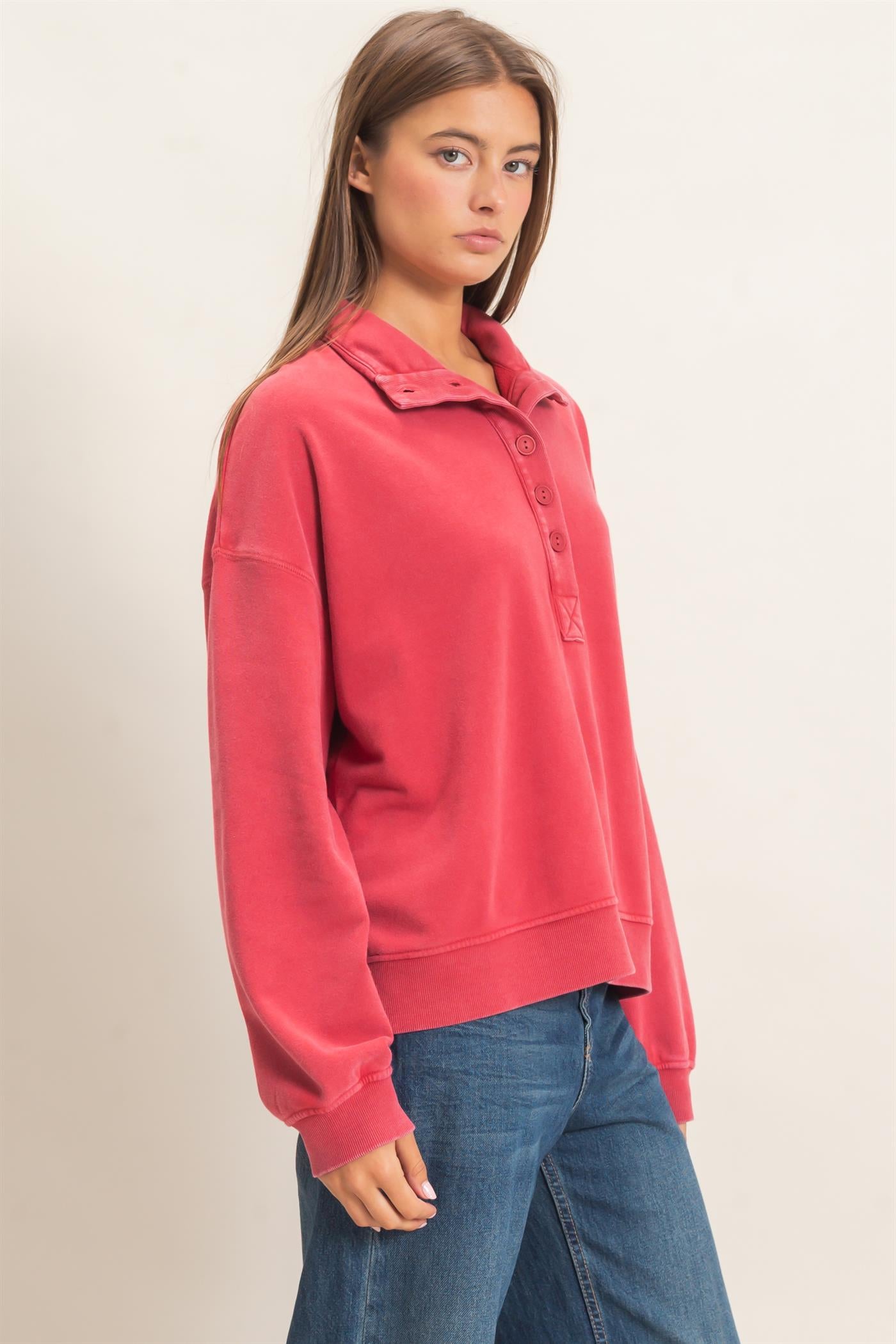 Wholesale Mineral Wash Button Front Sweatshirt Sweatshirts DZ26C909 DARK RED DOUBLE ZERO