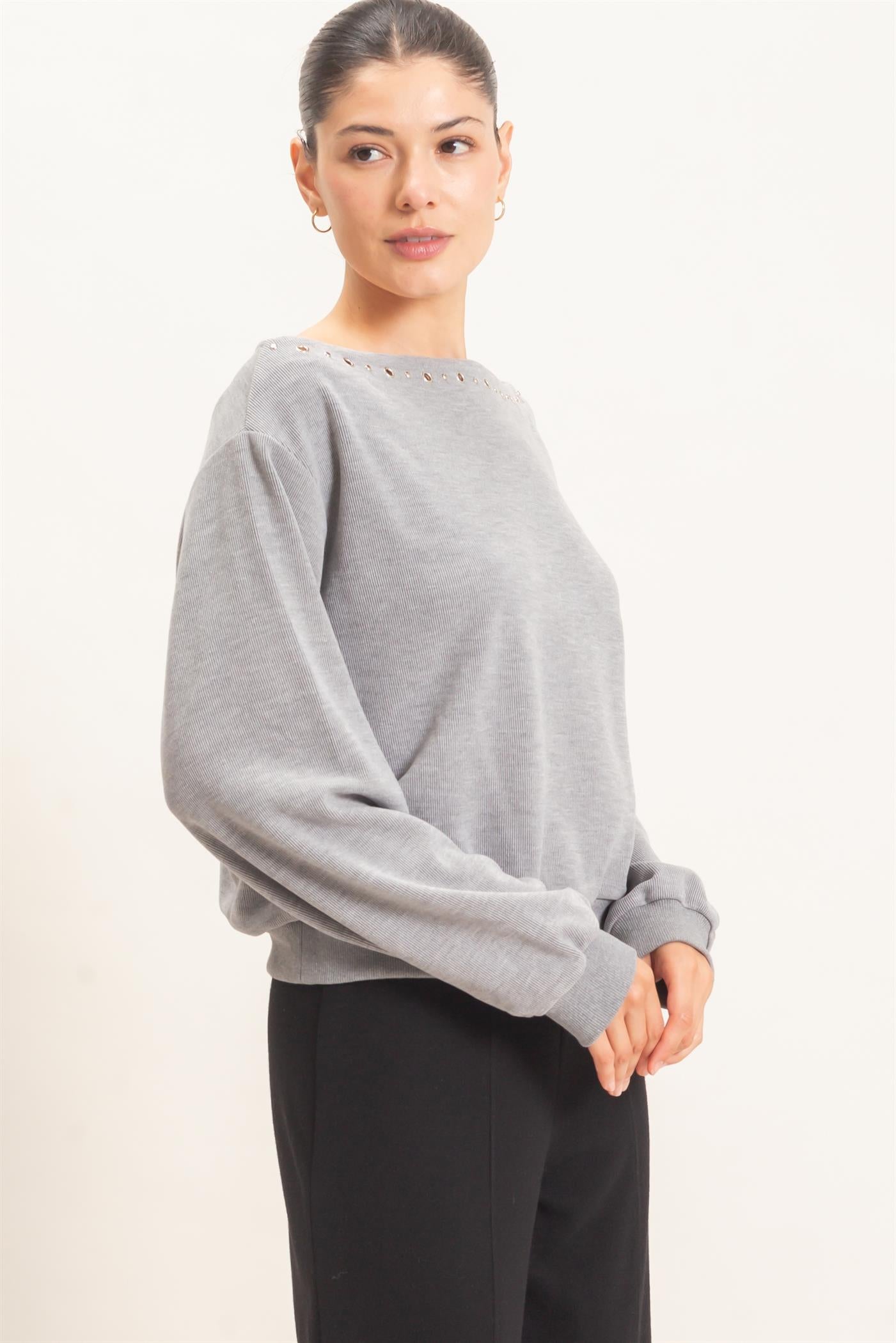 Wholesale Studded Crew Neck Sweatshirt Sweatshirts HF26E545 HEATHER GRAY HYFVE