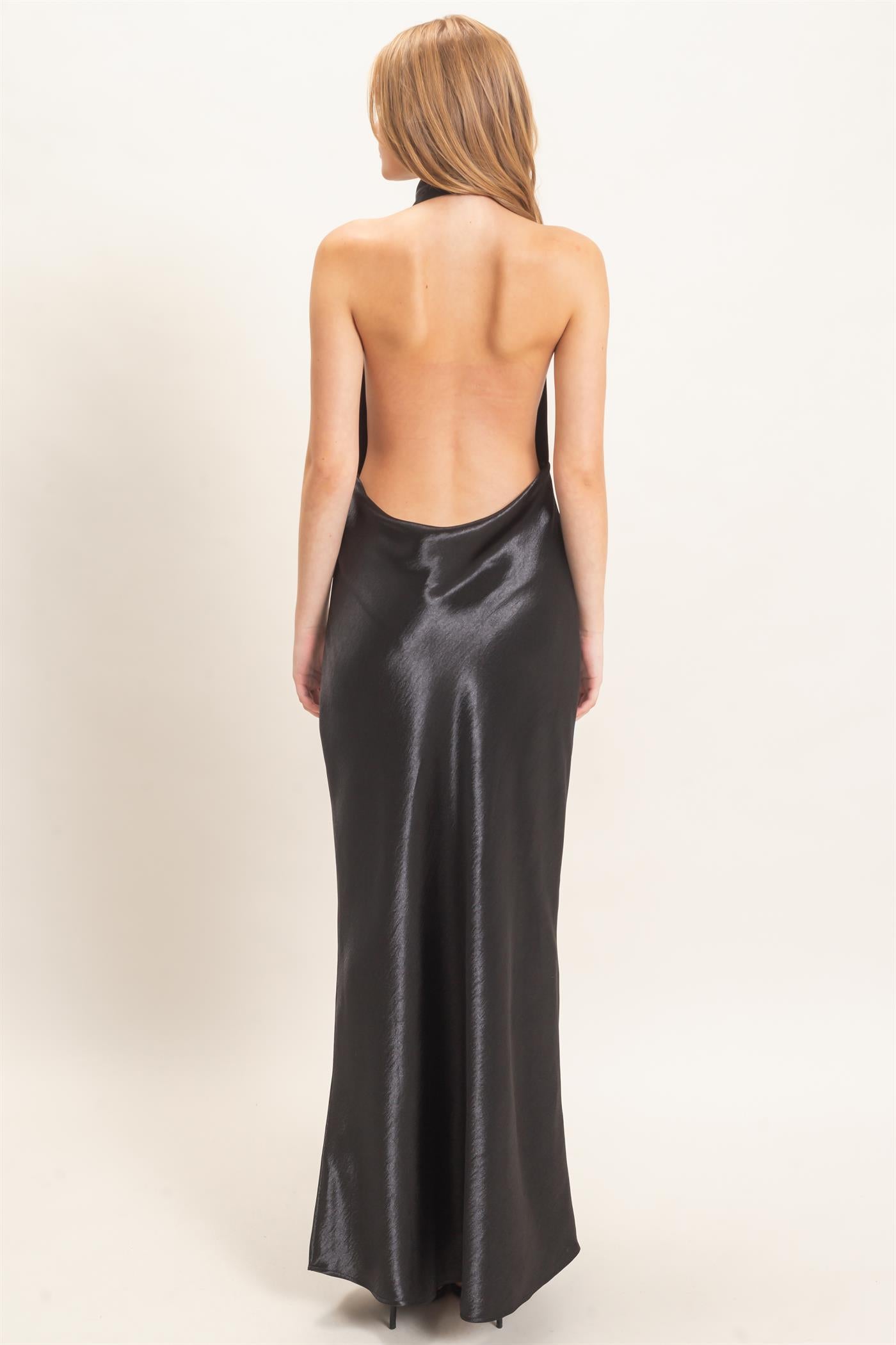 Wholesale Satin Cowl Neck Maxi Dress Dresses HF26F216-D BLACK HYFVE