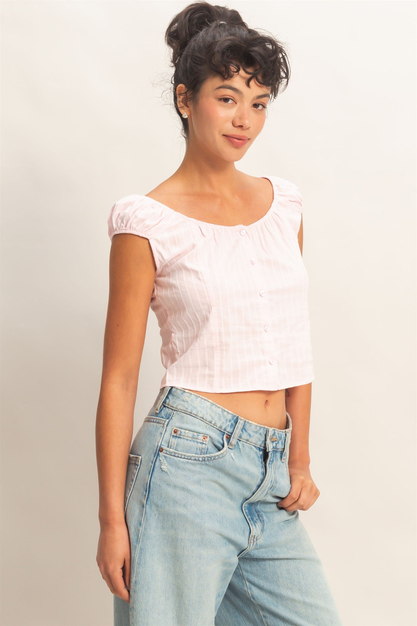 Wholesale Button Front Scoop Neck Cap Sleeve Top Blouses DZ26C199 SOFT PINK DOUBLE ZERO