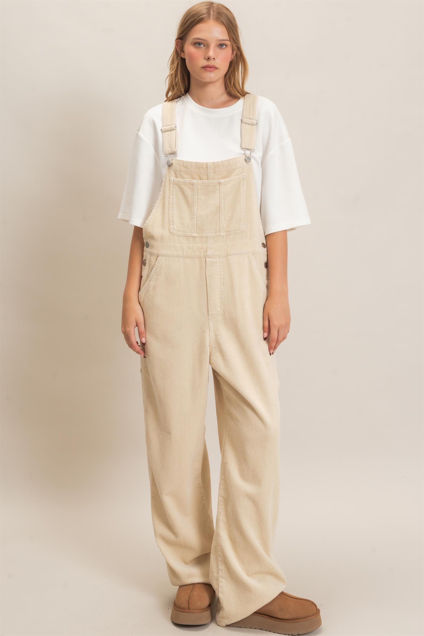 Wholesale Mineral Wash Corduroy Overalls Clothing HF26F210-D BEIGE HYFVE
