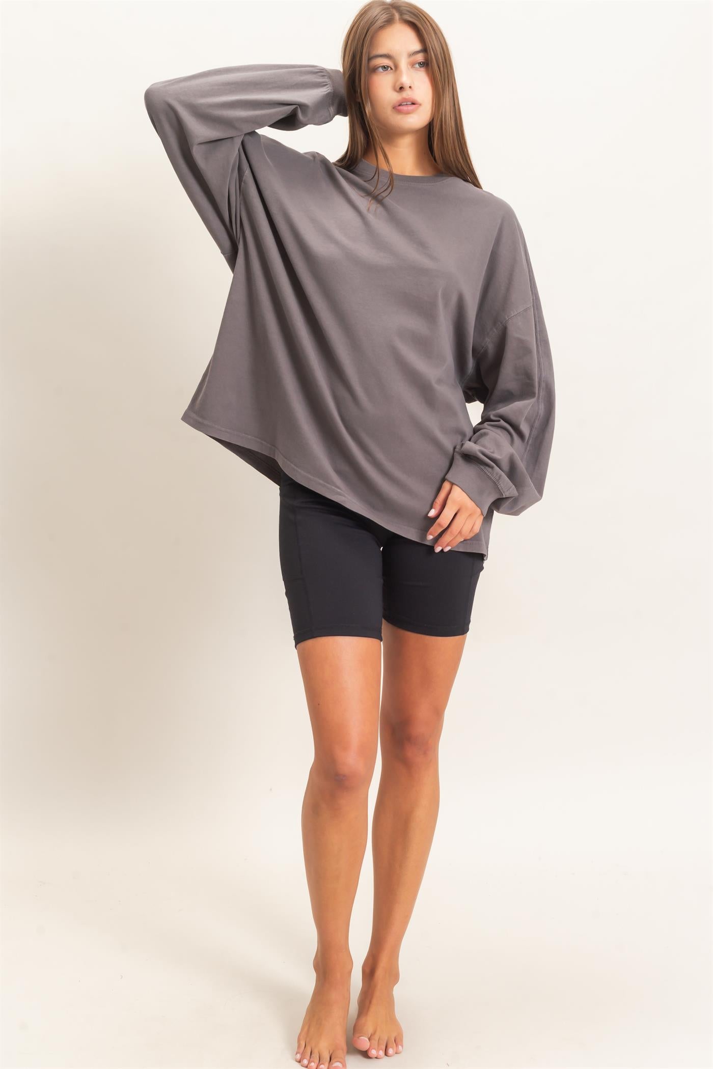 Wholesale Pigment Dye Oversized Long Sleeve Top Clothing Tops DZ26A825 CHARCOAL DOUBLE ZERO