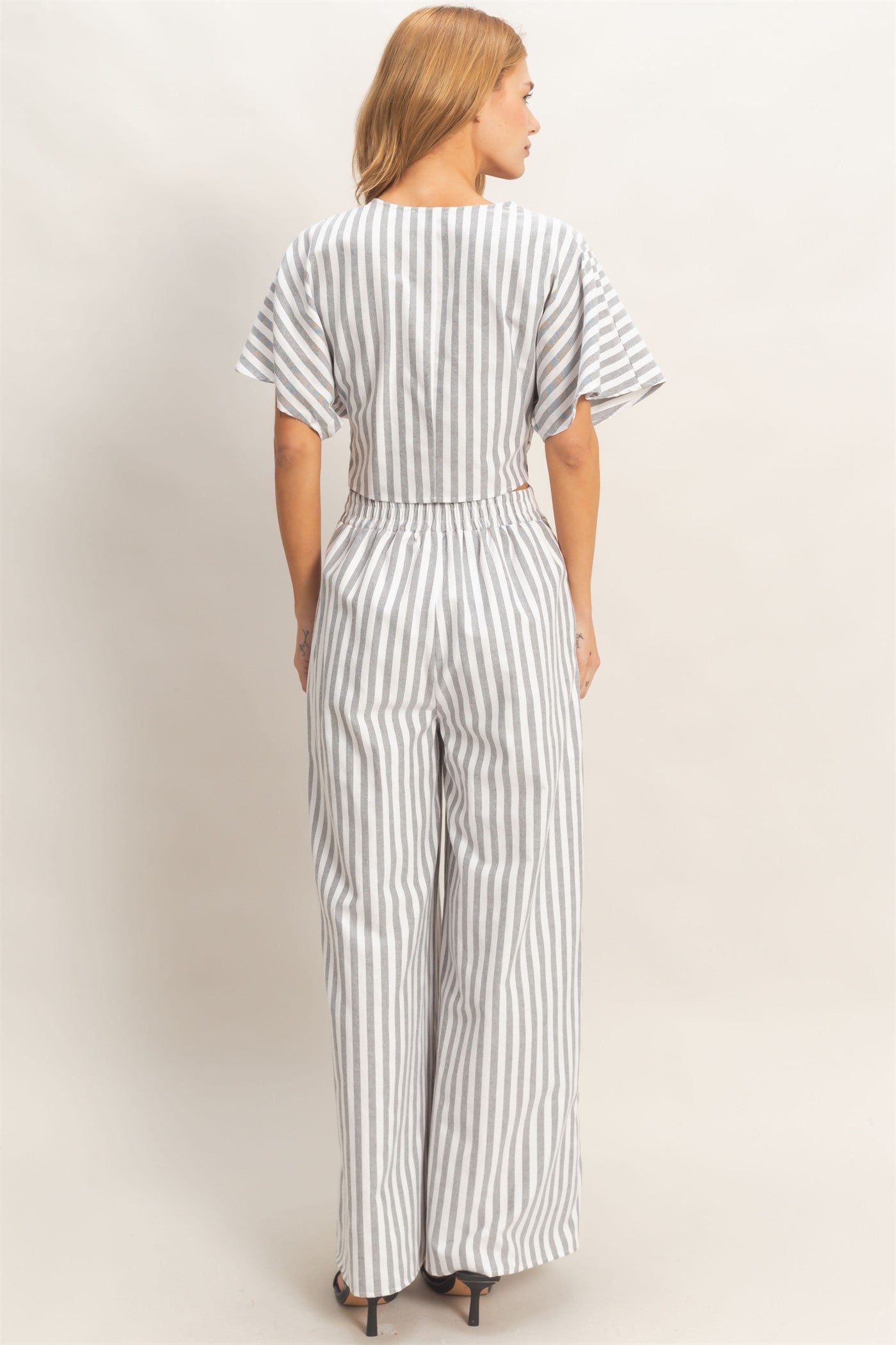 Wholesale Striped Twist Front Top & Pants Clothing HF26A692-SET BLACK DOUBLE ZERO