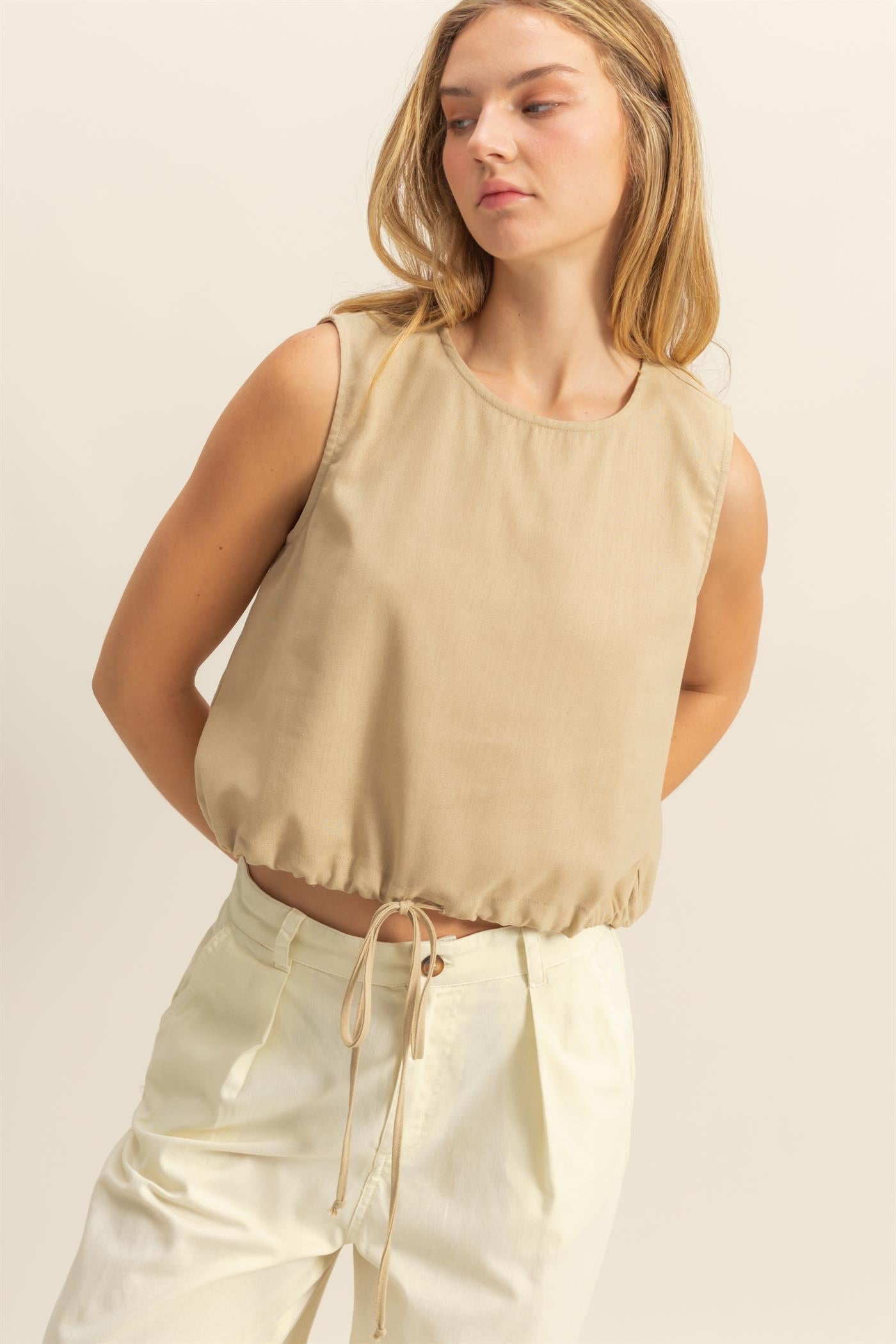 Wholesale Sand Washed Sleeveless Crop Top Clothing Tops DZ25C515 LIGHT TAUPE DOUBLE ZERO