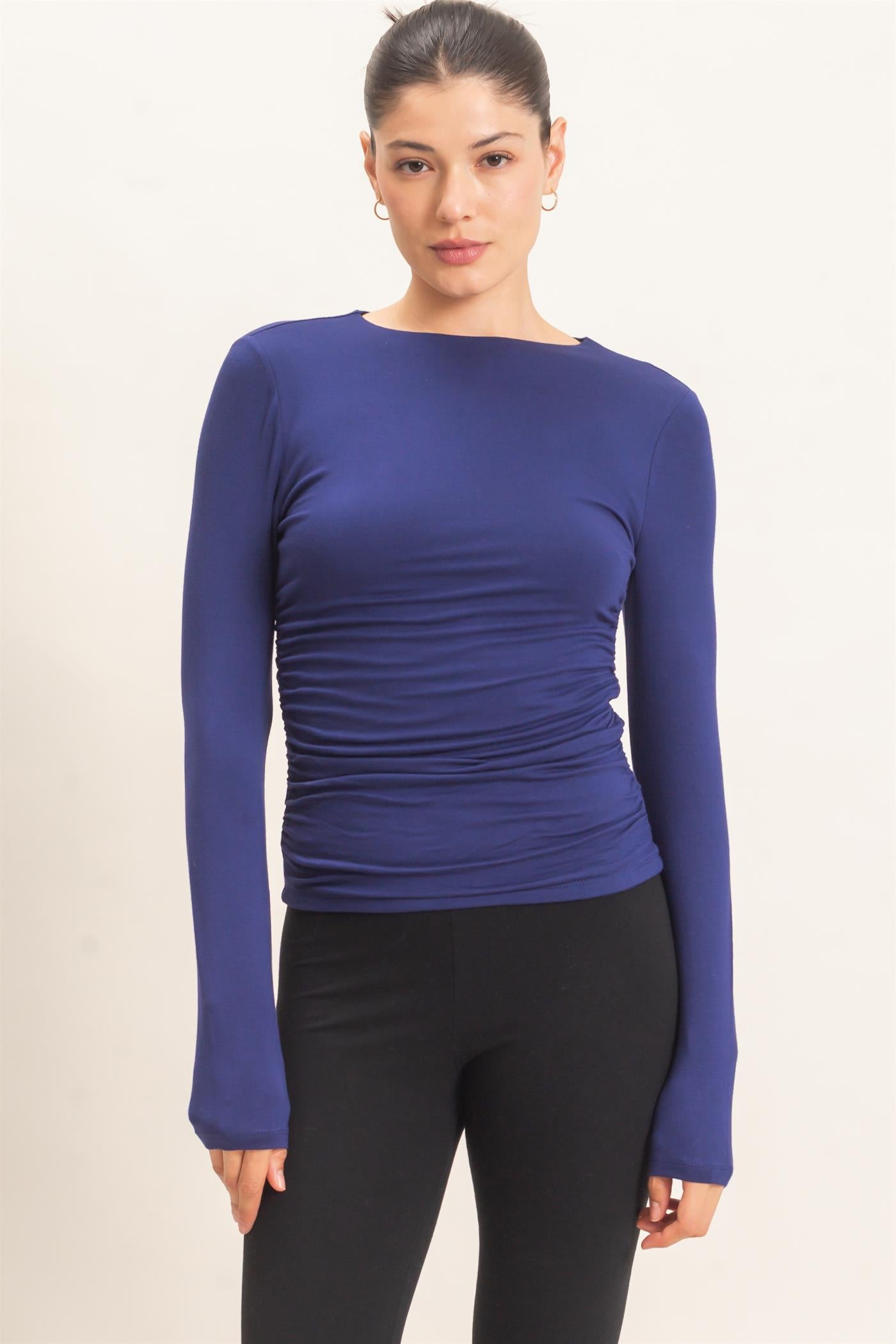 Wholesale Ruched Long Sleeve Top Clothing Tops HF26E776 DEEP BLUE HYFVE