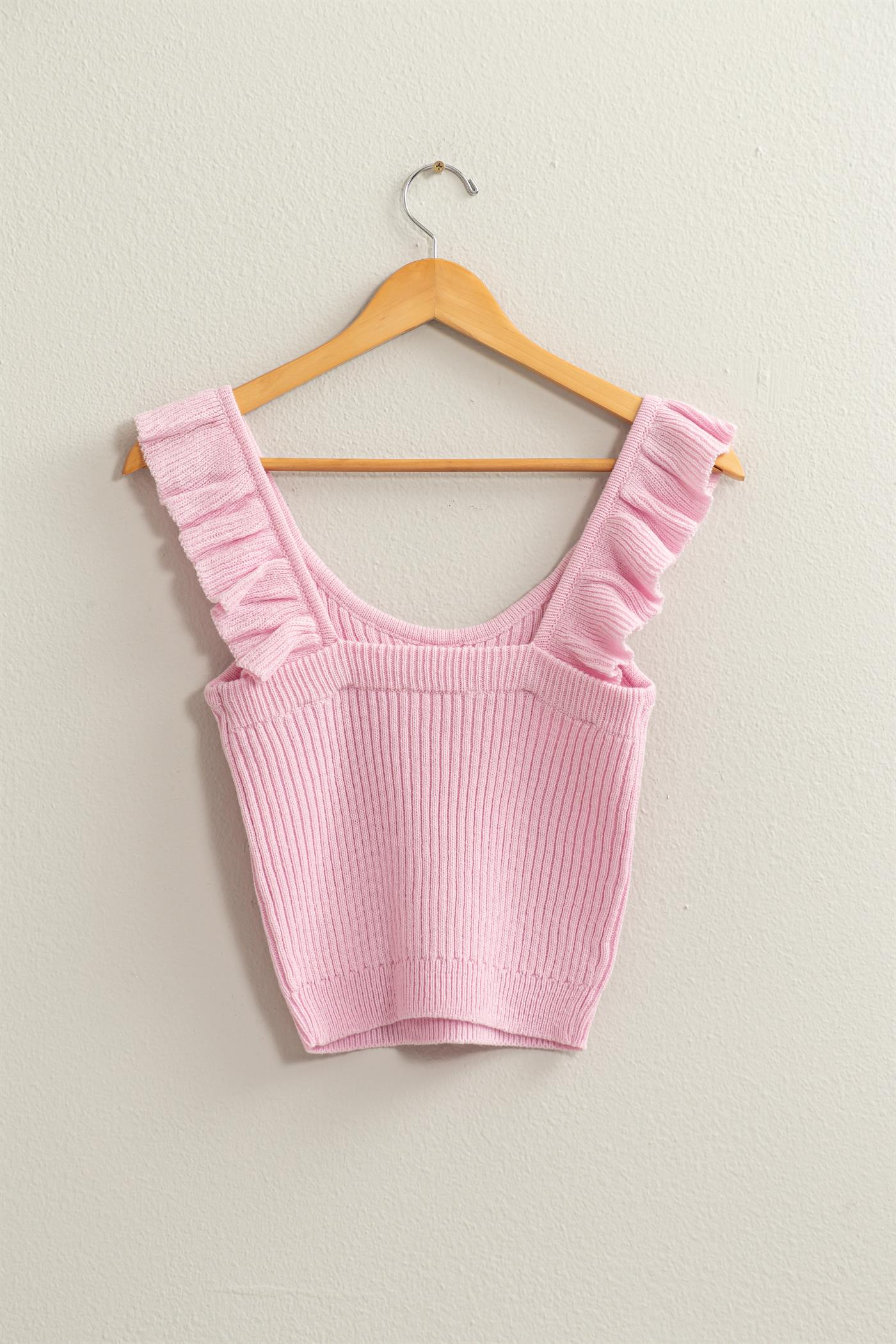 Wholesale Ribbed Ruffle Crop Top Clothing Tops DZ24A505 PALE PINK DOUBLE ZERO