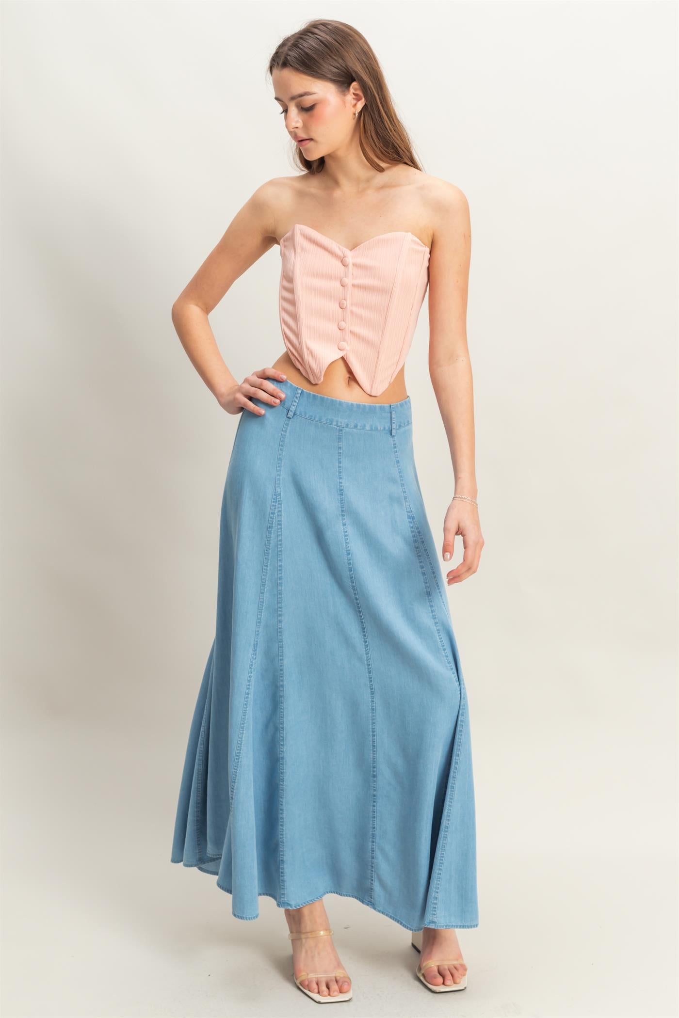 Wholesale Buttoned Front Strapless Knit Bustier Top Clothing Tops HF25A209 PEACH HYFVE