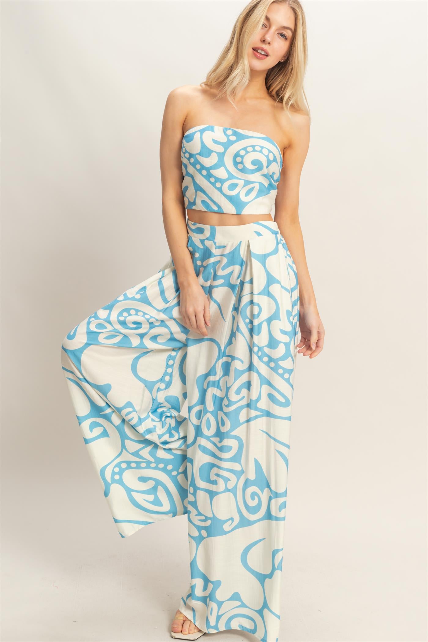 Wholesale Strapless Top & Wide Leg Pants Set Clothing HF26A344-SET-D BLUE HYFVE