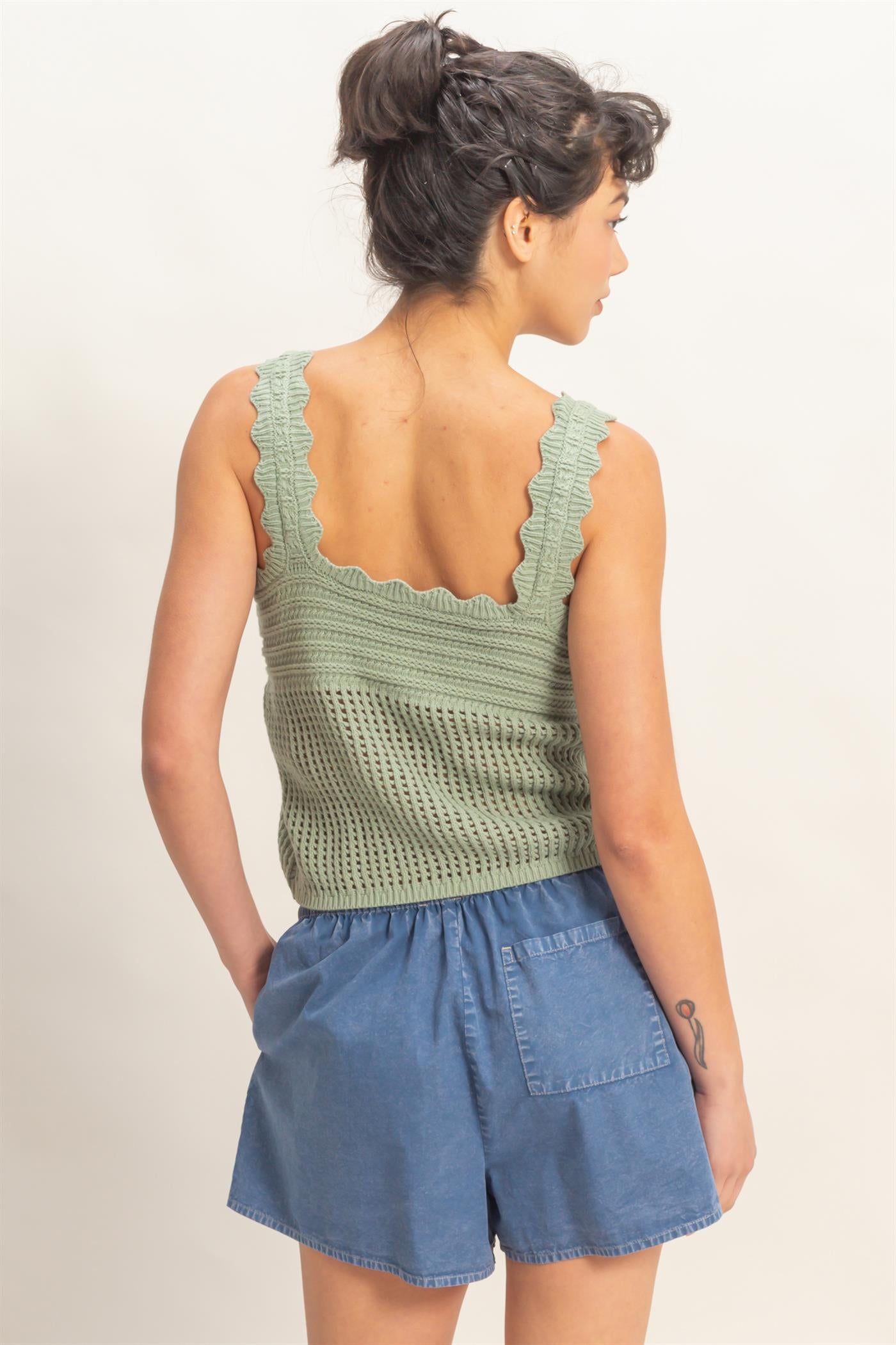 Wholesale Sleeveless Open Knit Double Tie-Front Vest Shirts DZ26A809 SAGE GREEN DOUBLE ZERO